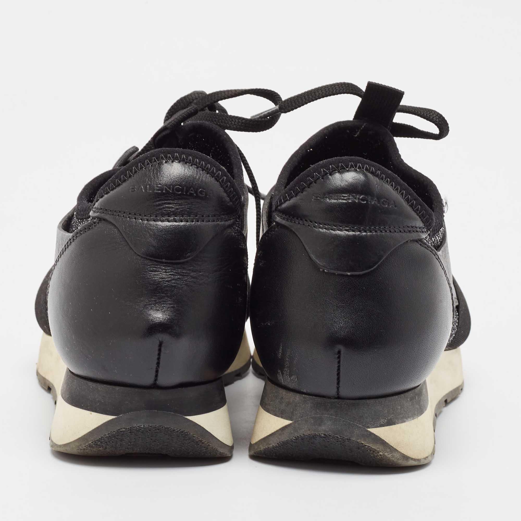 Balenciaga Black Fabric and Leather Race Runner Lace Up Sneakers Size 38 For Sale 1