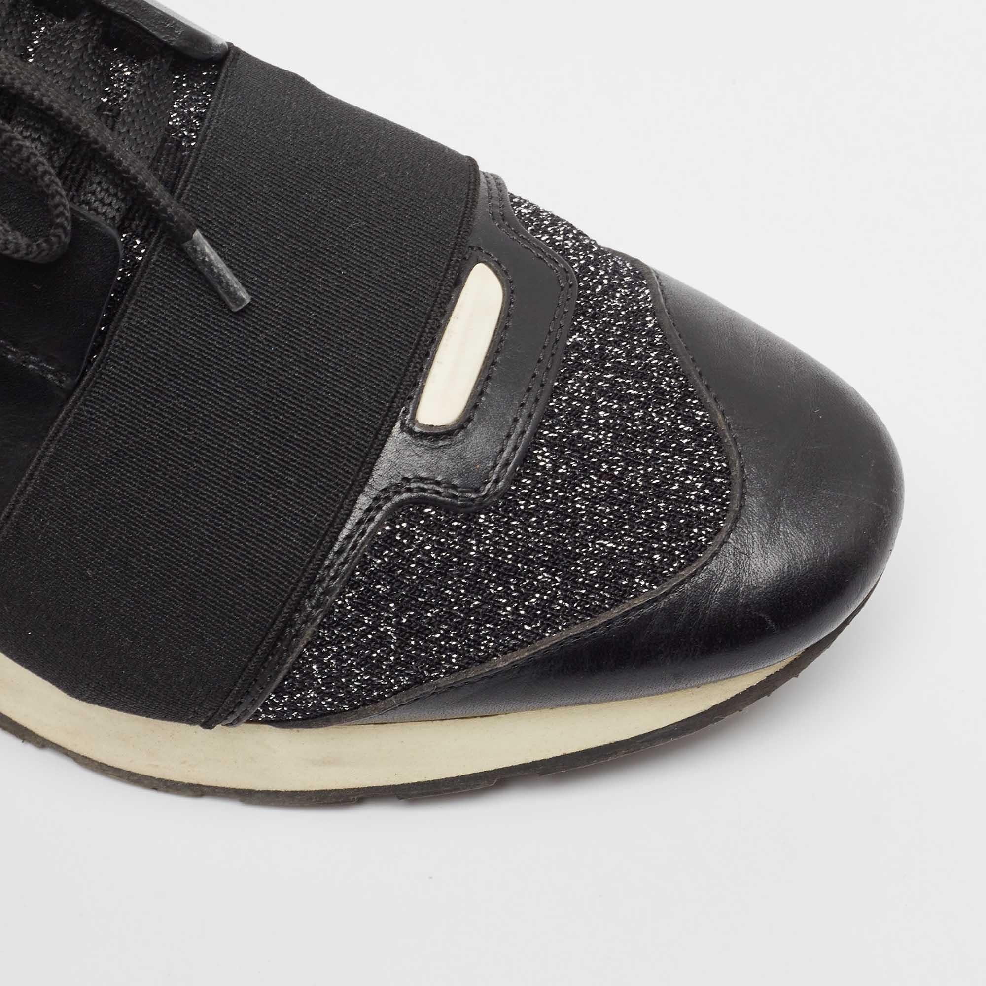 Balenciaga Black Fabric and Leather Race Runner Lace Up Sneakers Size 38 For Sale 3