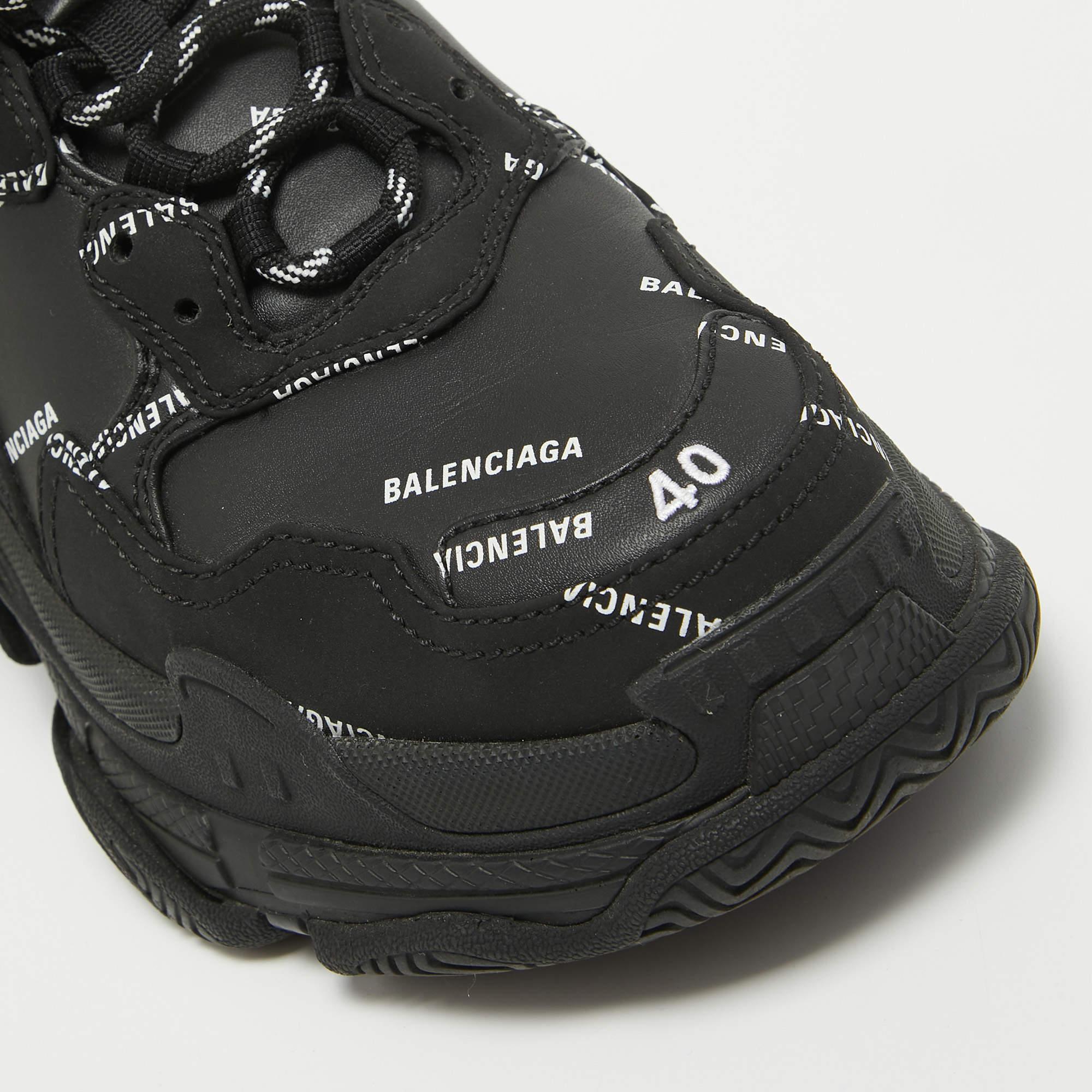 Balenciaga Black Faux Leather Allover Logo Triple S Sneakers Size 40 For Sale 1