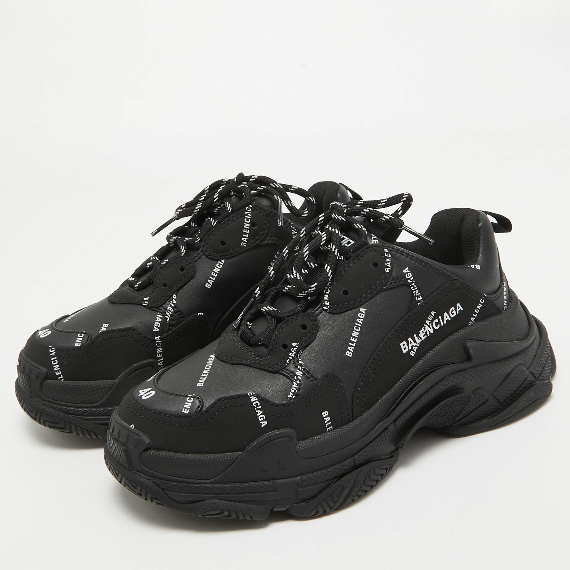 Balenciaga Black Faux Leather Allover Logo Triple S Sneakers Size 40 For Sale 3