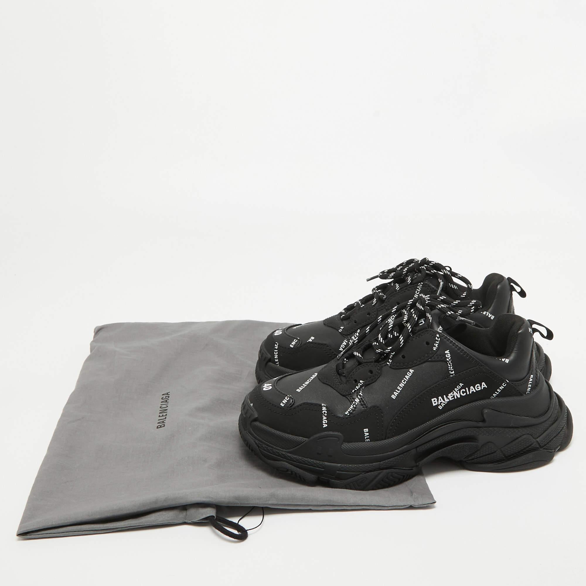 Balenciaga Black Faux Leather Allover Logo Triple S Sneakers Size 40 For Sale 5