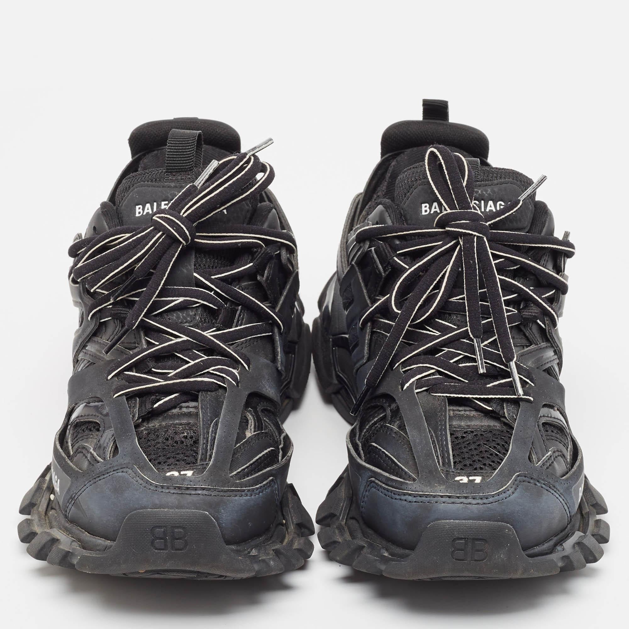 Balenciaga Black Faux Leather Mesh Track Sneakers Size 37 In Good Condition In Dubai, Al Qouz 2