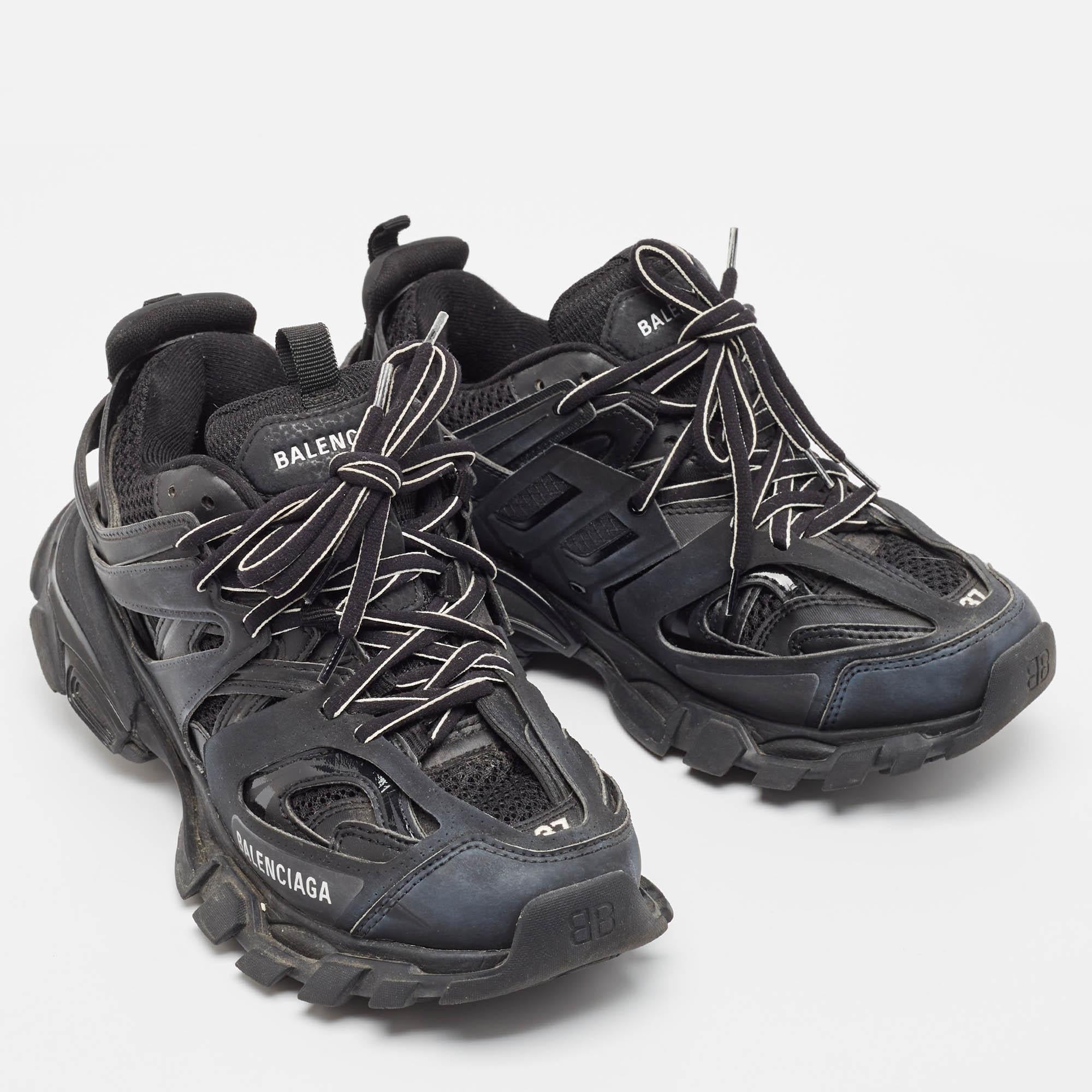 Women's Balenciaga Black Faux Leather Mesh Track Sneakers Size 37