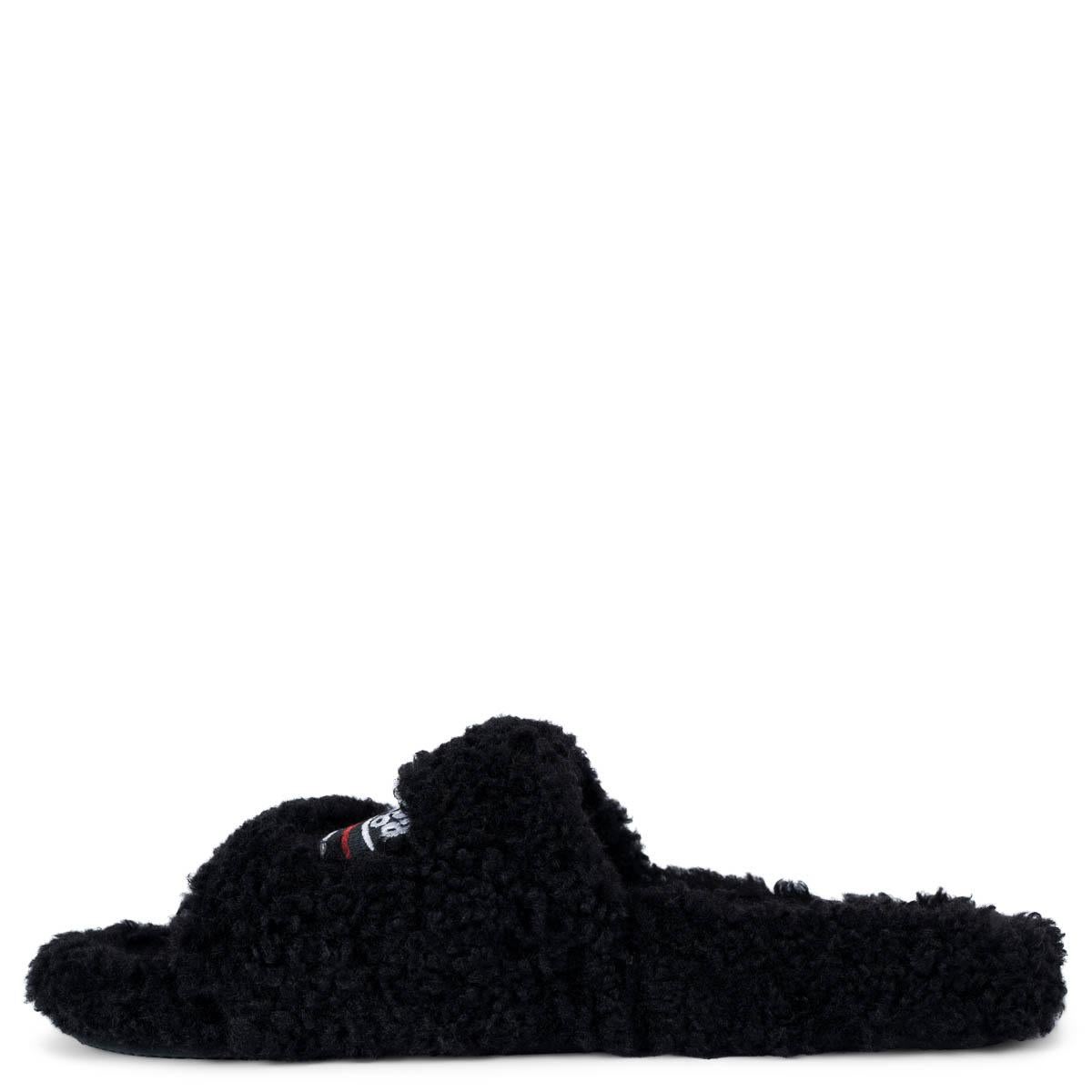 BALENCIAGA negro de imitación de piel FURRY LOGO Slide Sandalias Zapatos 38 Negro