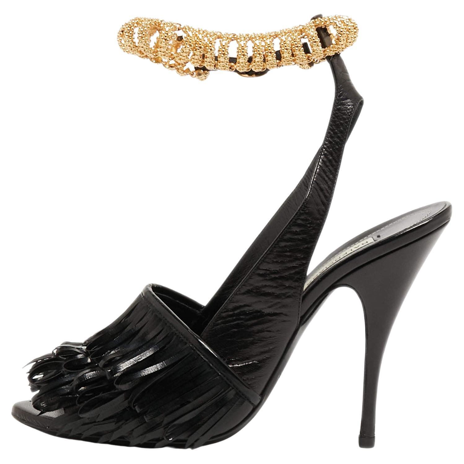 Balenciaga Black Fringe Leather Chain Detail Ankle Strap Sandals Size 39 For Sale