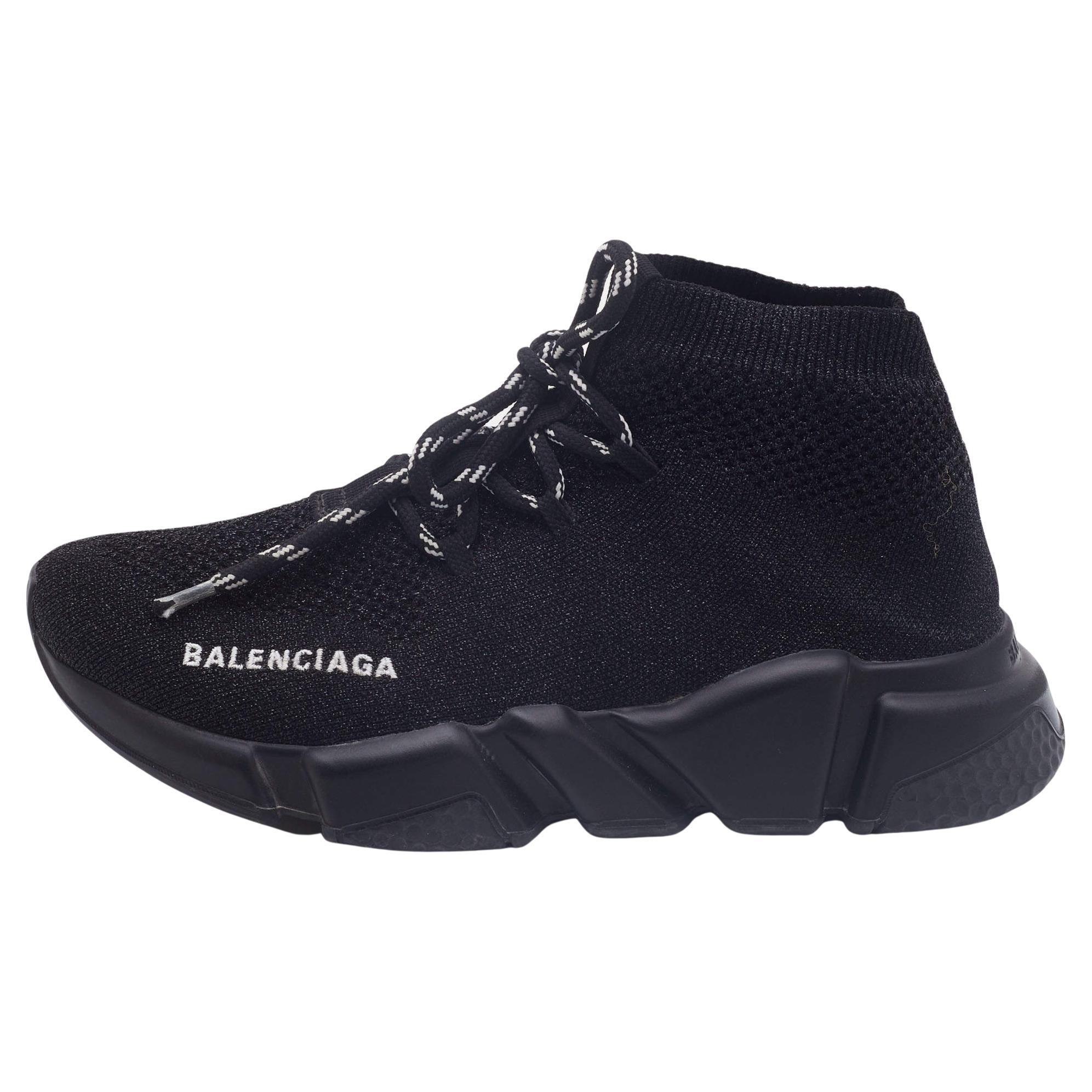 Balenciaga Black Glitter Knit Fabric Speed Trainer Lace Up Sneakers Size 36  For Sale at 1stDibs