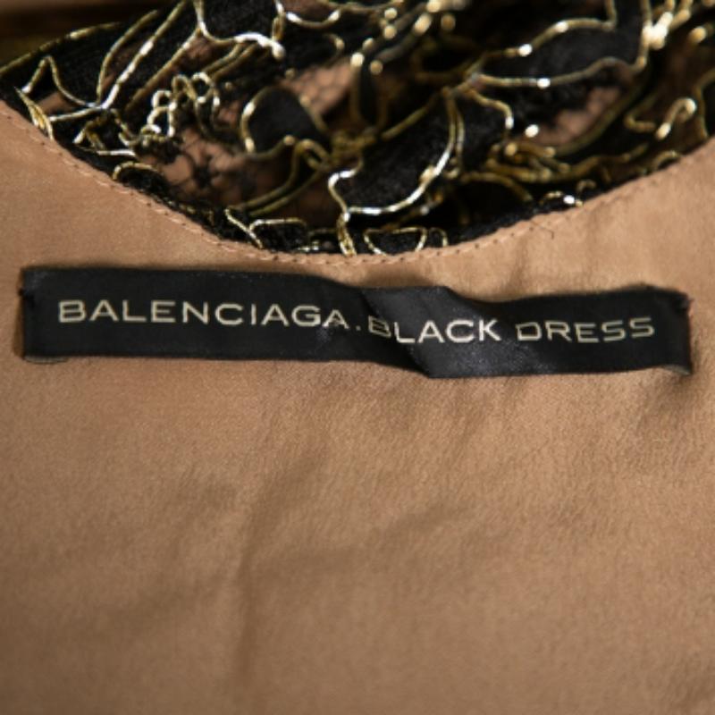 Women's Balenciaga Black & Gold Lace Sleeveless Mini Dress S For Sale