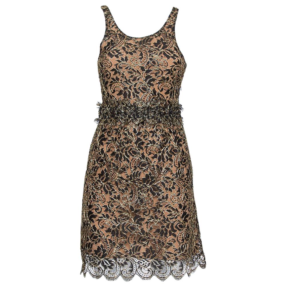 Balenciaga Black & Gold Lace Sleeveless Mini Dress S For Sale