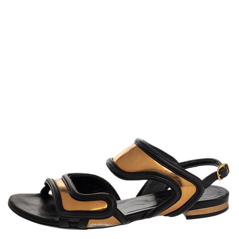 Balenciaga Black/Gold Leather Open Toe Flat Sandals Size 36 at 1stDibs
