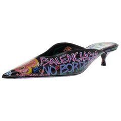 Balenciaga Black Graffiti Leather Knife Pointed Toe Mules Size 37