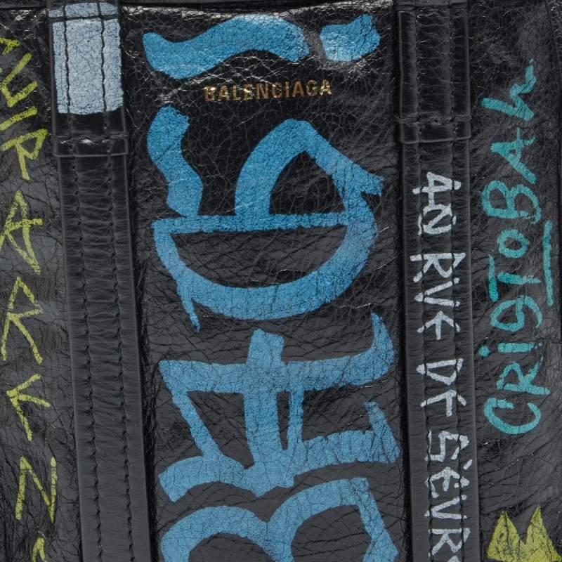 Balenciaga Black Graffiti Printed Leather Bazar Tote 2