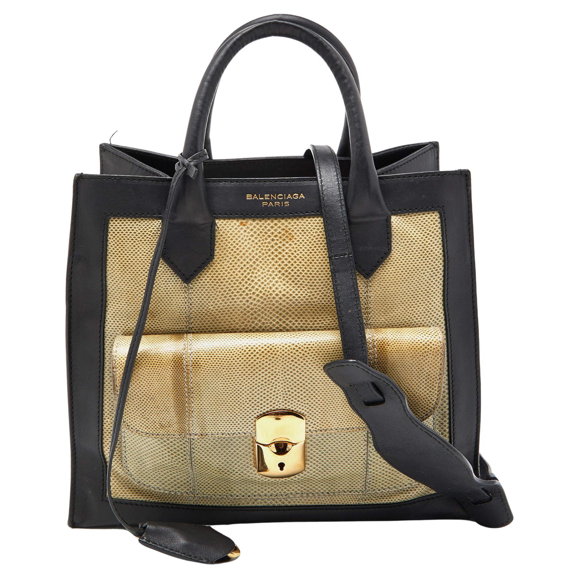 Balenciaga Black/Green Karung and Leather Padlock All Afternoon Tote For Sale