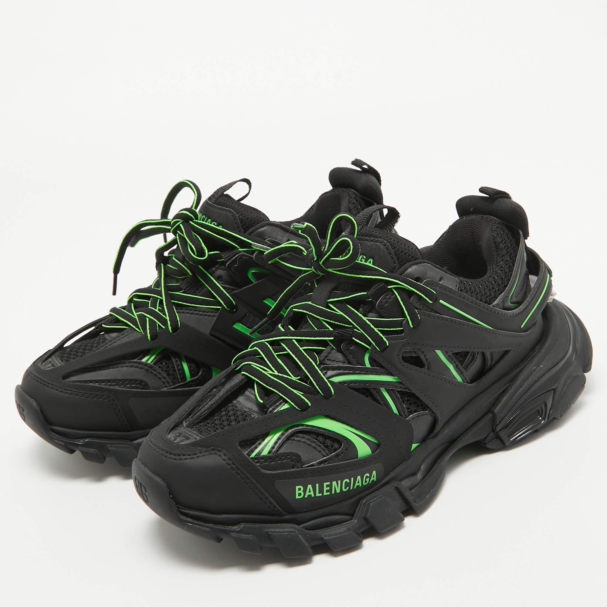 Balenciaga Black/Green Rubber and Mesh Track Sneakers Size 37 For Sale 2