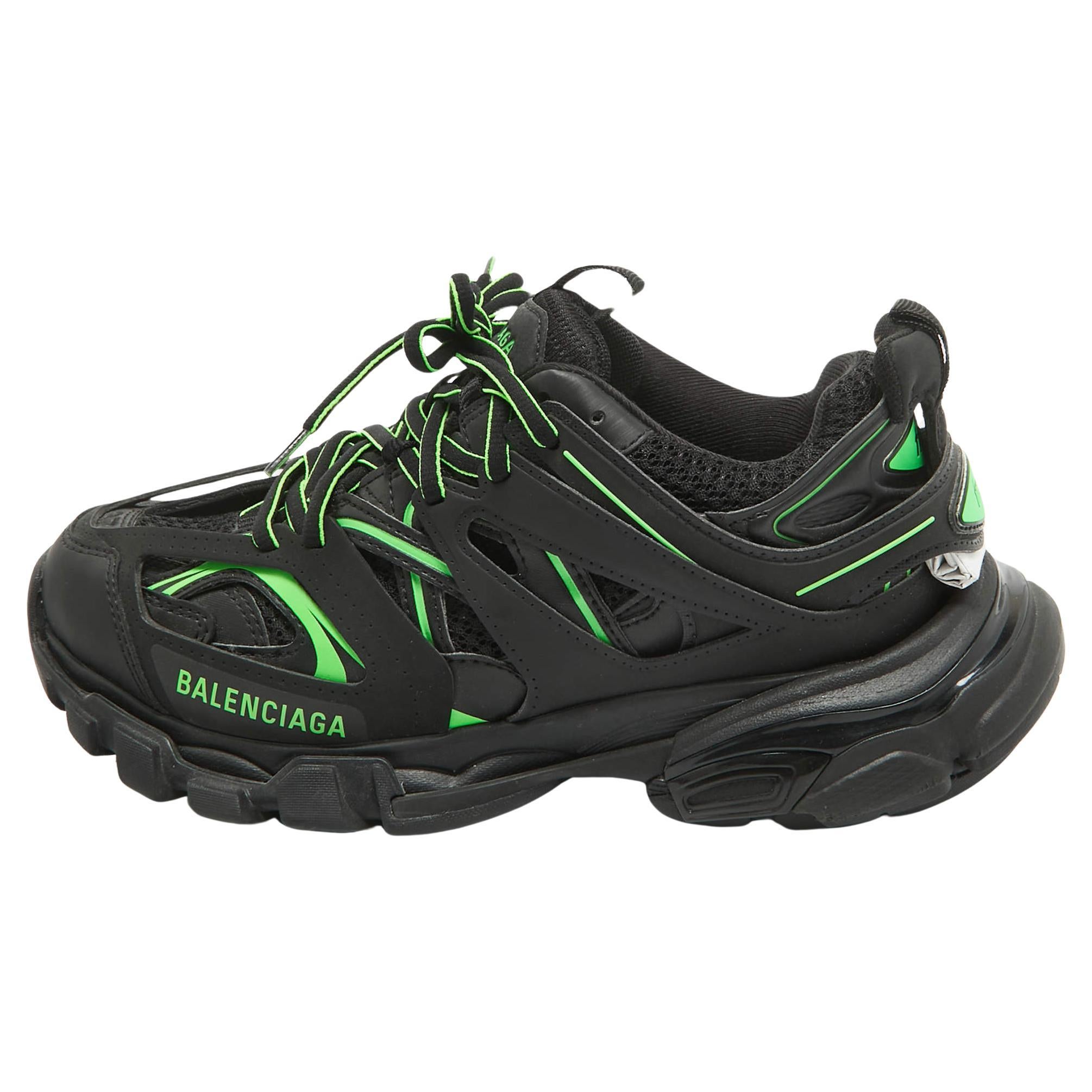 Balenciaga Black/Green Rubber and Mesh Track Sneakers Size 37 en vente
