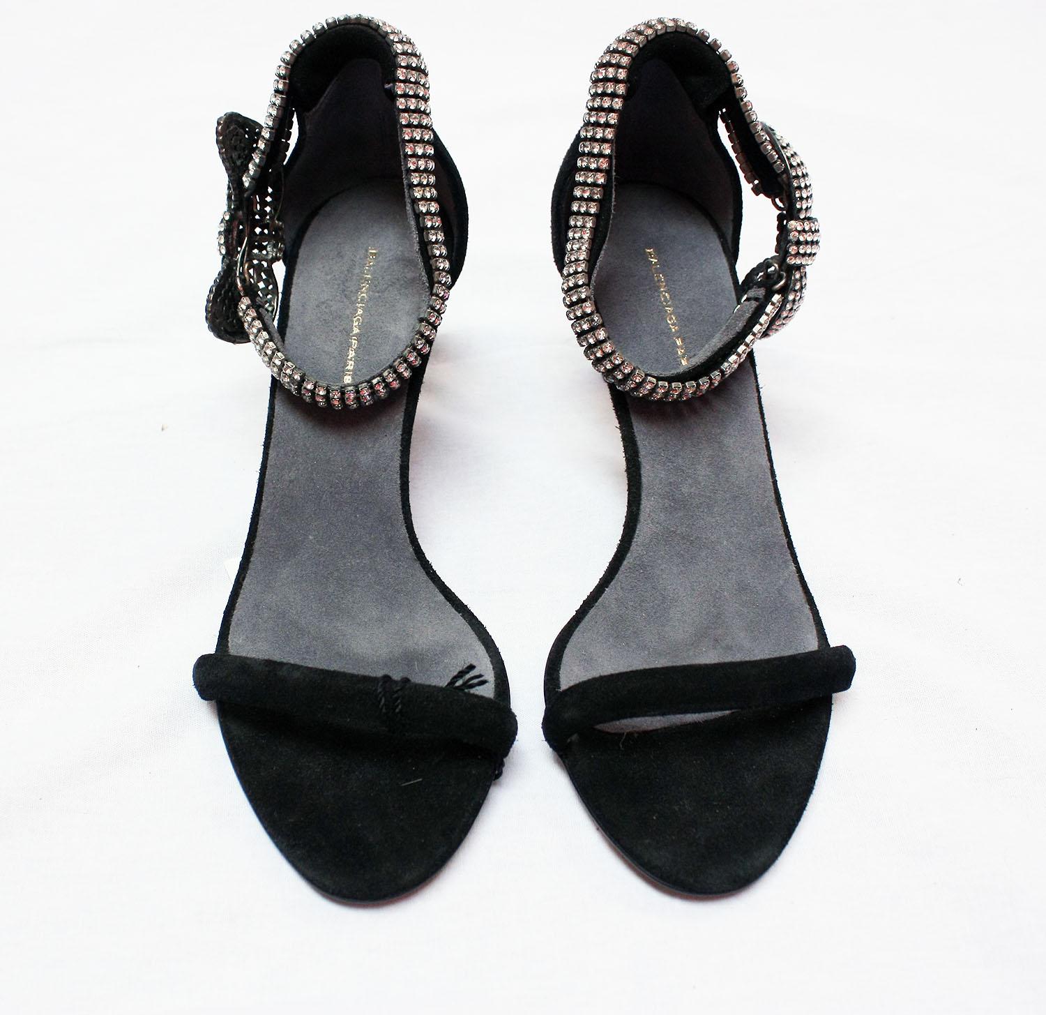 Balenciaga Black Kitten Heel with Crystal Ankle Strap Size 36 
These are the perfect heel for the holiday season. 
Black suede and the ankle strap has a crystal bow! 
Comfortable height. 