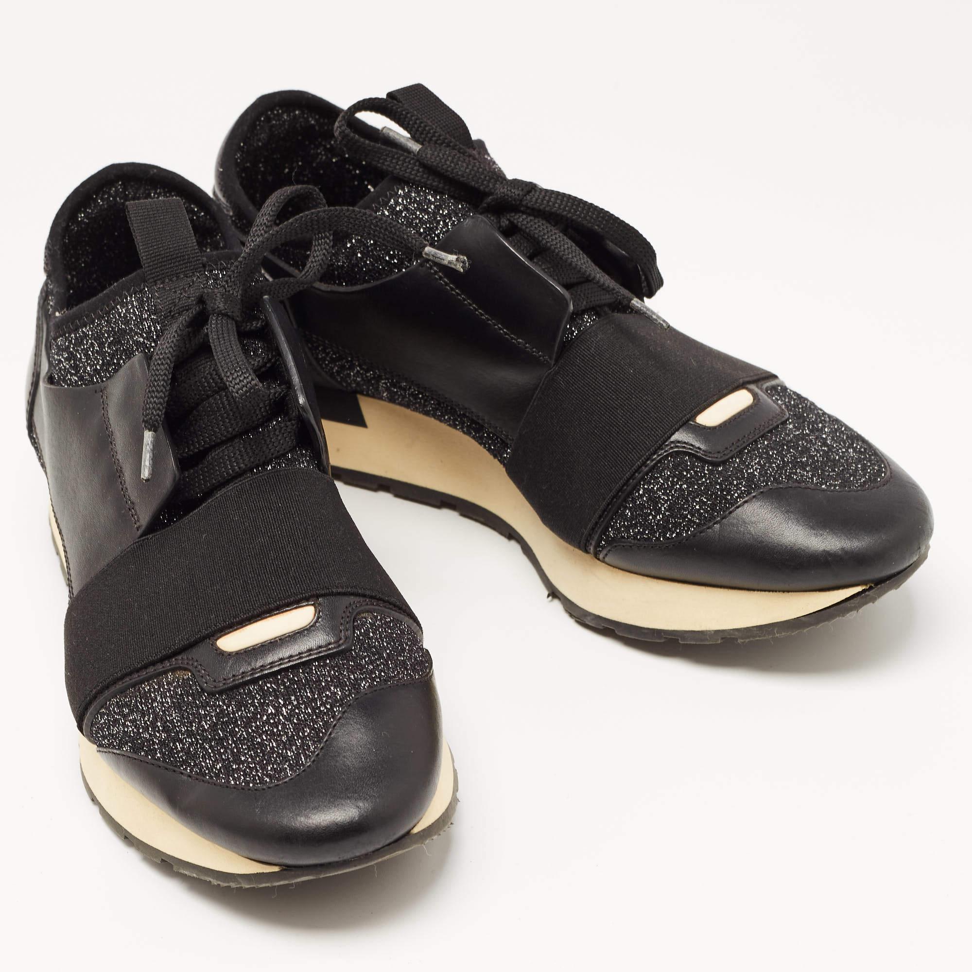 Women's Balenciaga Black Knit Fabric and Leather Race Runner Low Top Sneakers Size 38 For Sale