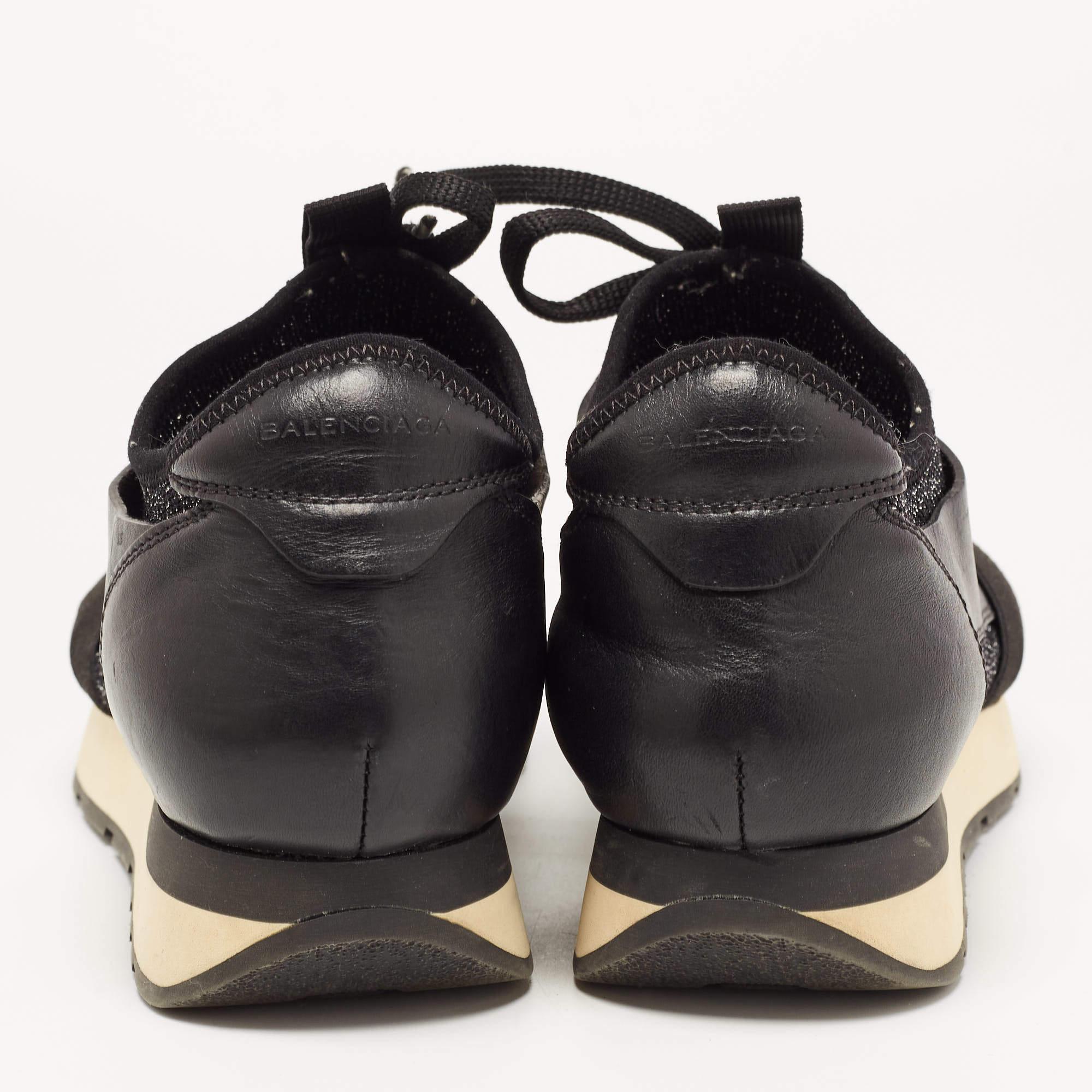 Balenciaga Black Knit Fabric and Leather Race Runner Low Top Sneakers Size 38 For Sale 1