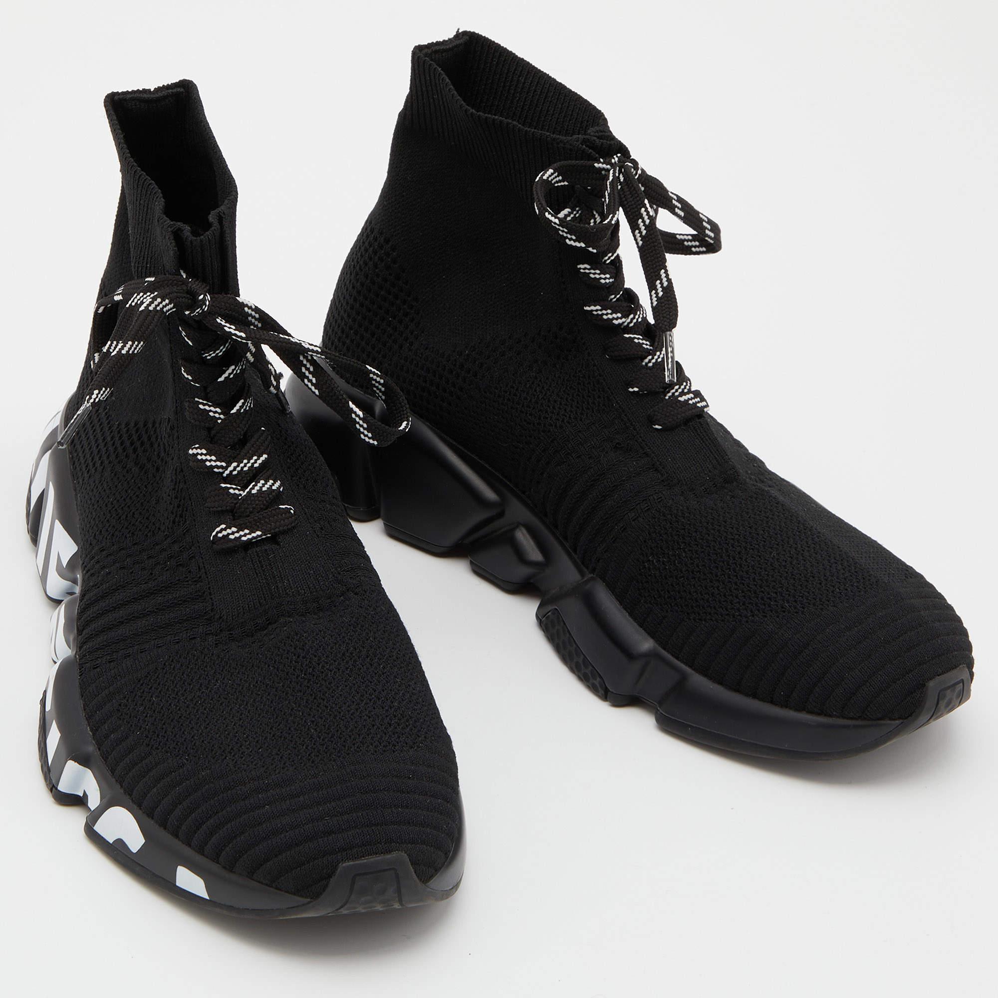 Balenciaga Black Knit Fabric Graffiti Speed Trainer Lace Sneakers Size 39 In Good Condition In Dubai, Al Qouz 2