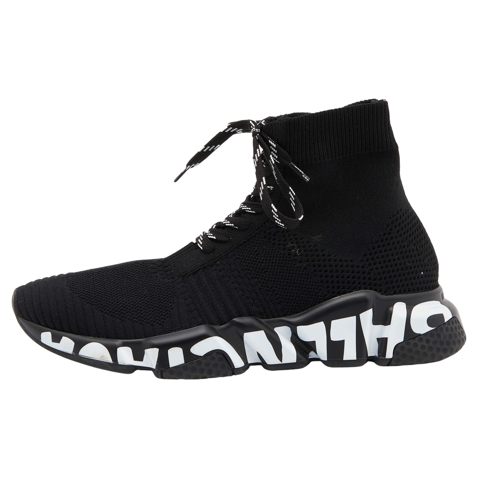 Balenciaga Black Knit Fabric Graffiti Speed Trainer Lace Sneakers Size 39