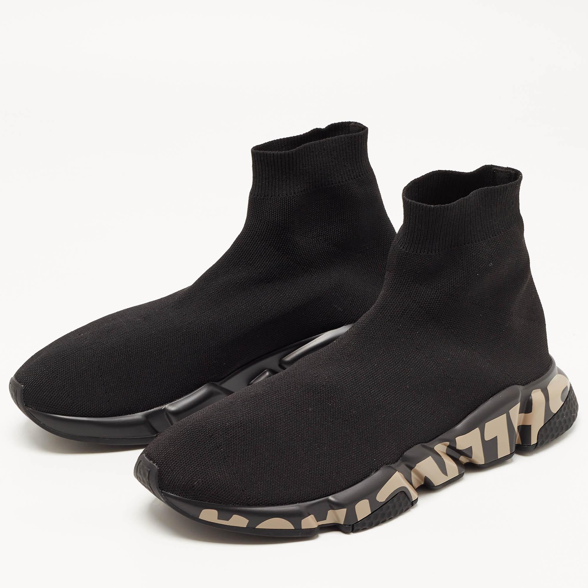 Men's Balenciaga Black Knit Fabric Speed Graffiti Sneakers Size 44