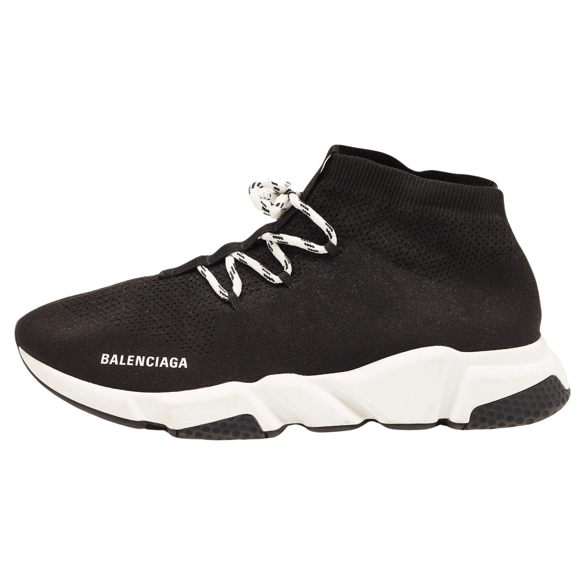 Balenciaga Black Knit Fabric Speed Lace Up Sneakers Size 45