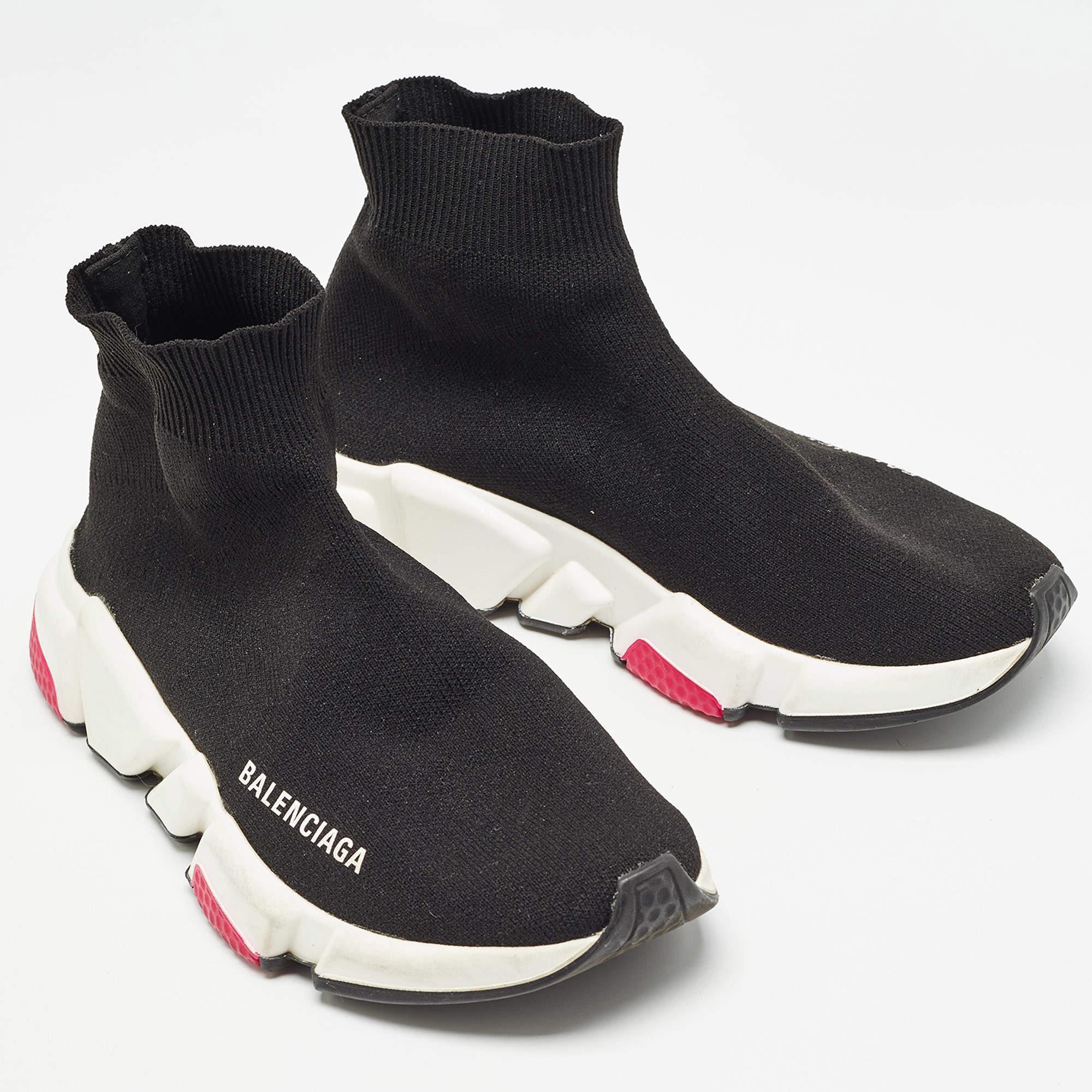 Women's Balenciaga Black Knit Fabric Speed Trainer High Top Sneakers Size 35 For Sale