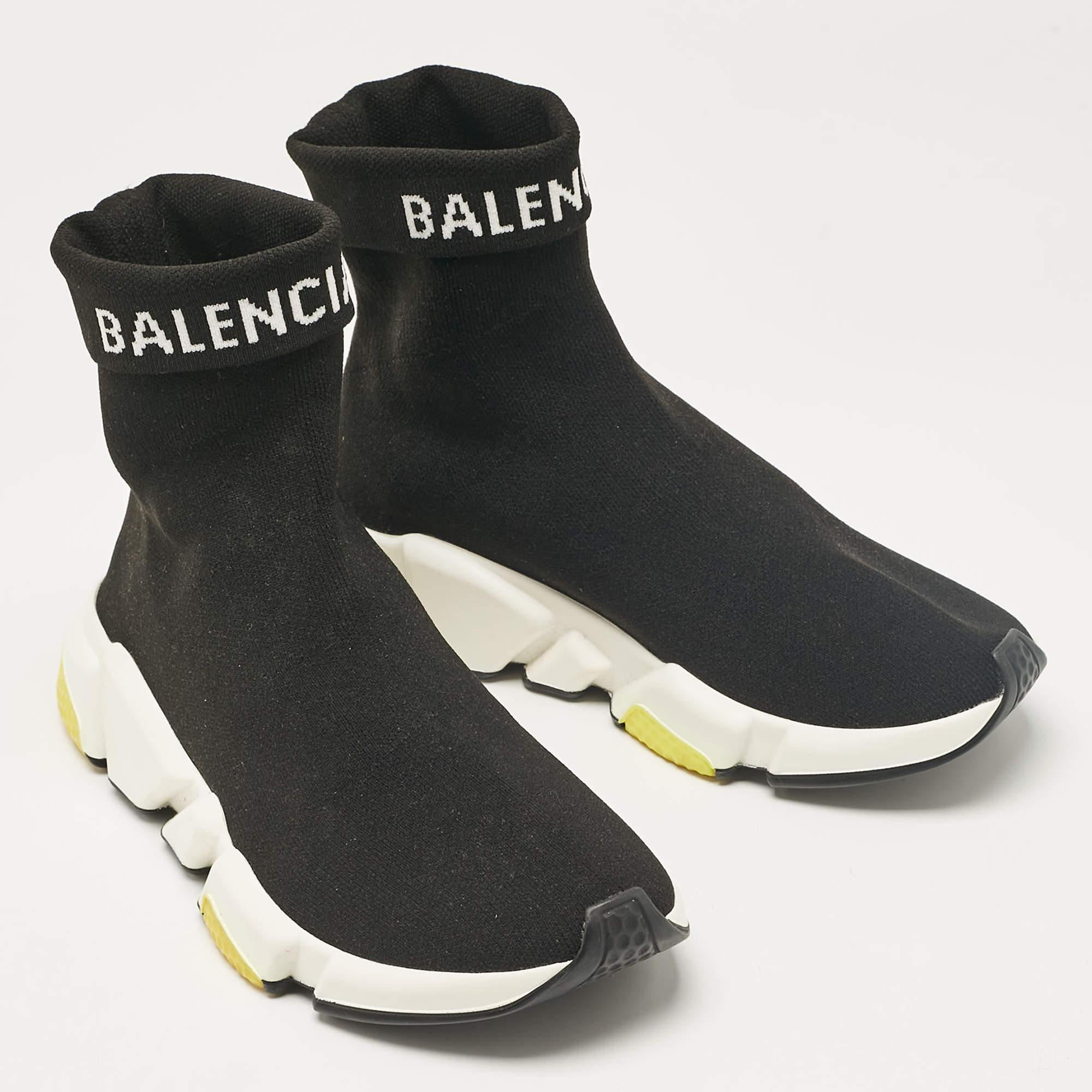 Women's Balenciaga Black Knit Fabric Speed Trainer High Top Sneakers Size 37