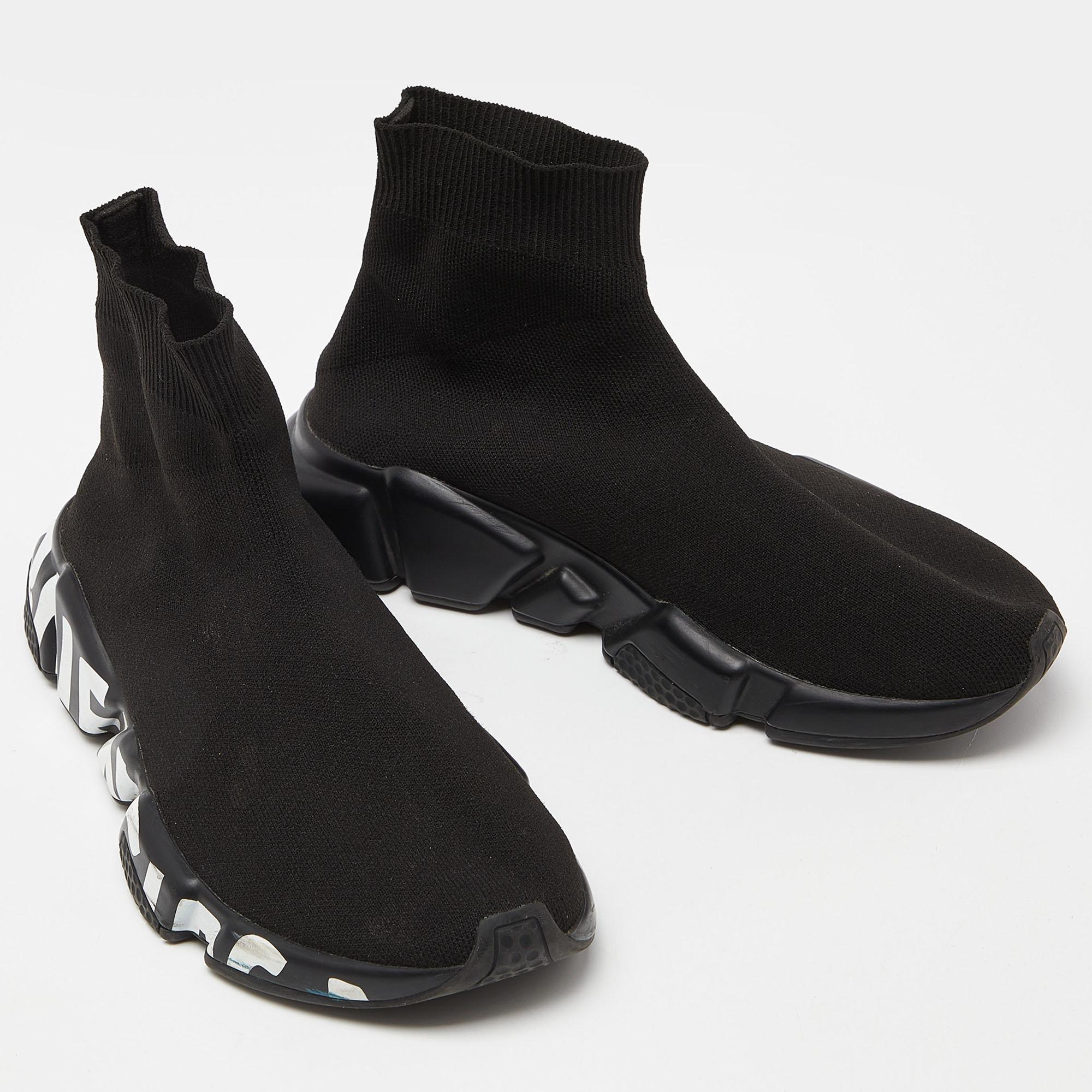 Balenciaga Black Knit Fabric Speed Trainer High Top Sneakers Size 38 In Good Condition For Sale In Dubai, Al Qouz 2
