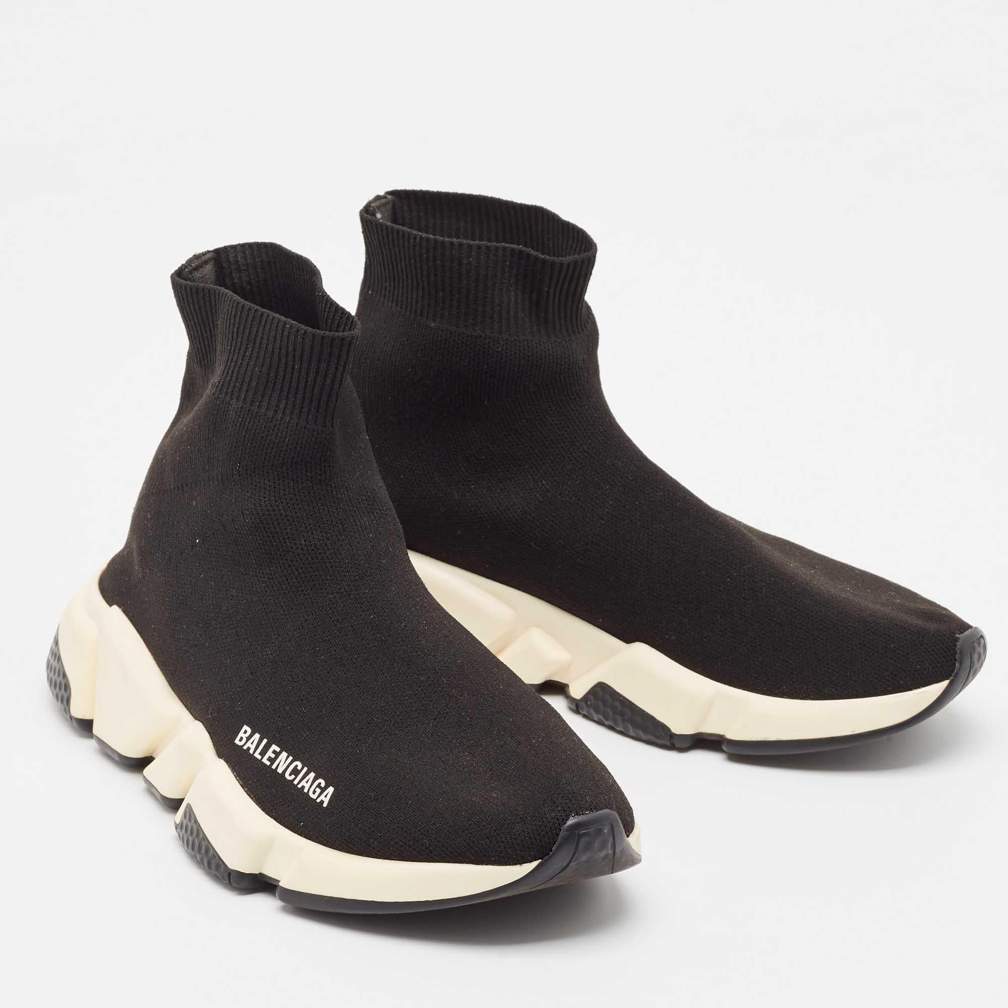 Women's Balenciaga Black Knit Fabric Speed Trainer High Top Sneakers Size 38 For Sale