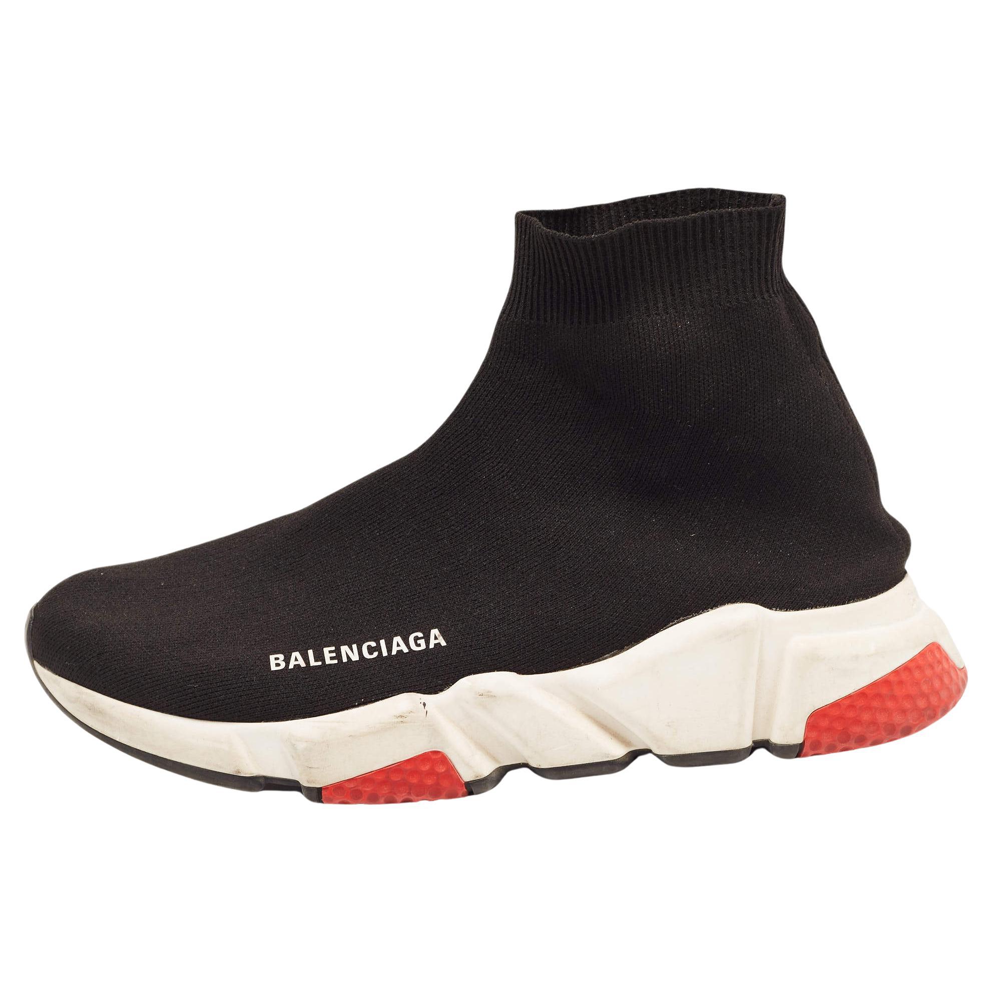 Balenciaga Black Knit Fabric Speed Trainer High Top Sneakers Size 39 For Sale