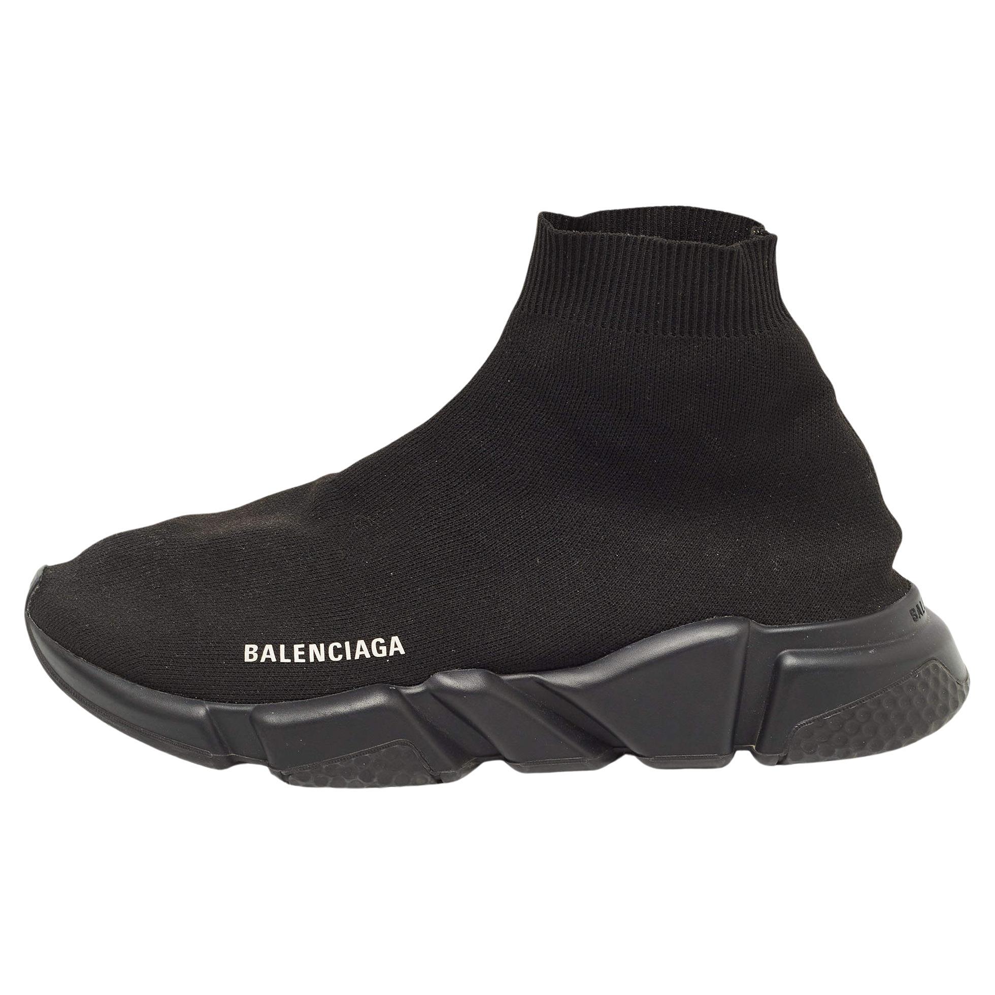 Balenciaga Black Knit Fabric Speed Trainer High Top Sneakers Size 43 For Sale