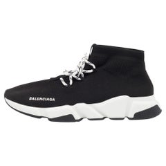 Used Balenciaga Black Knit Fabric Speed Trainer Lace Up Sneakers Size 44