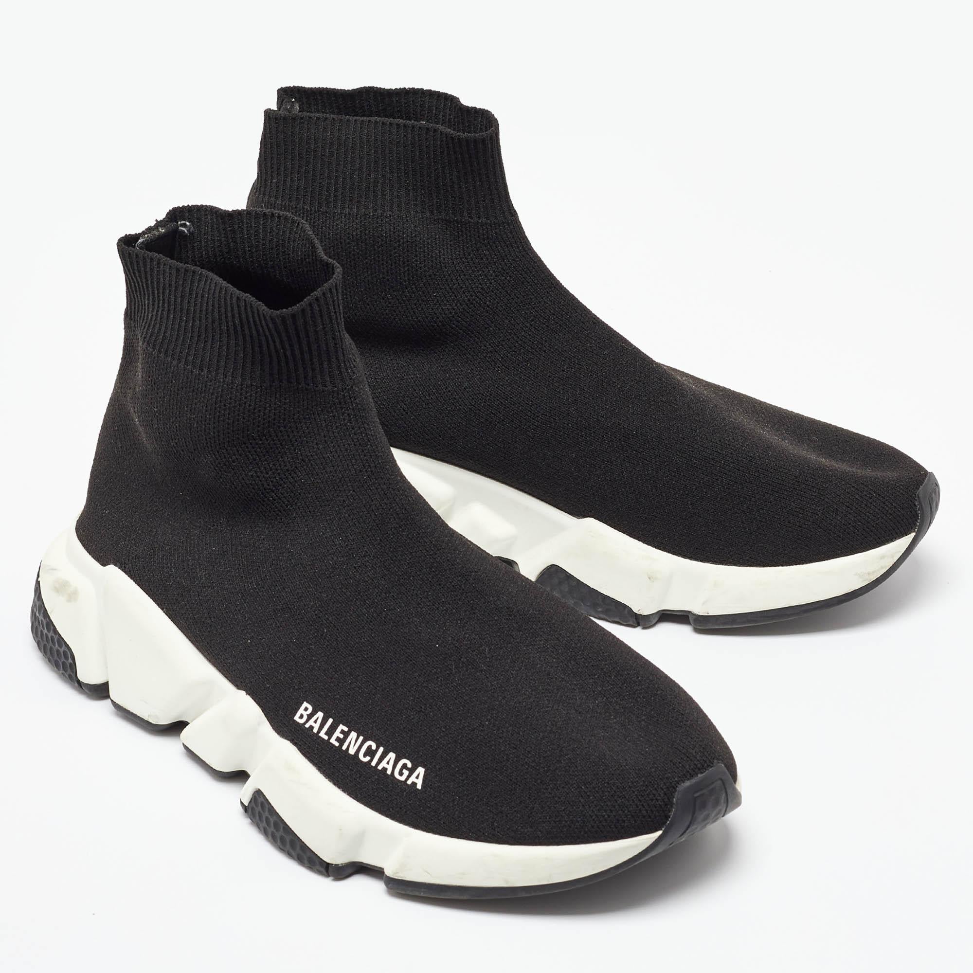 Women's Balenciaga Black Knit Fabric Speed Trainer Slip On High-Top Sneakers Size 37 For Sale