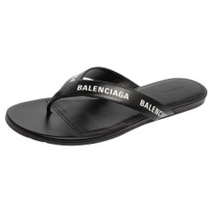 Balenciaga Black Leather Allover Logo Round Thong Sandals Size 39