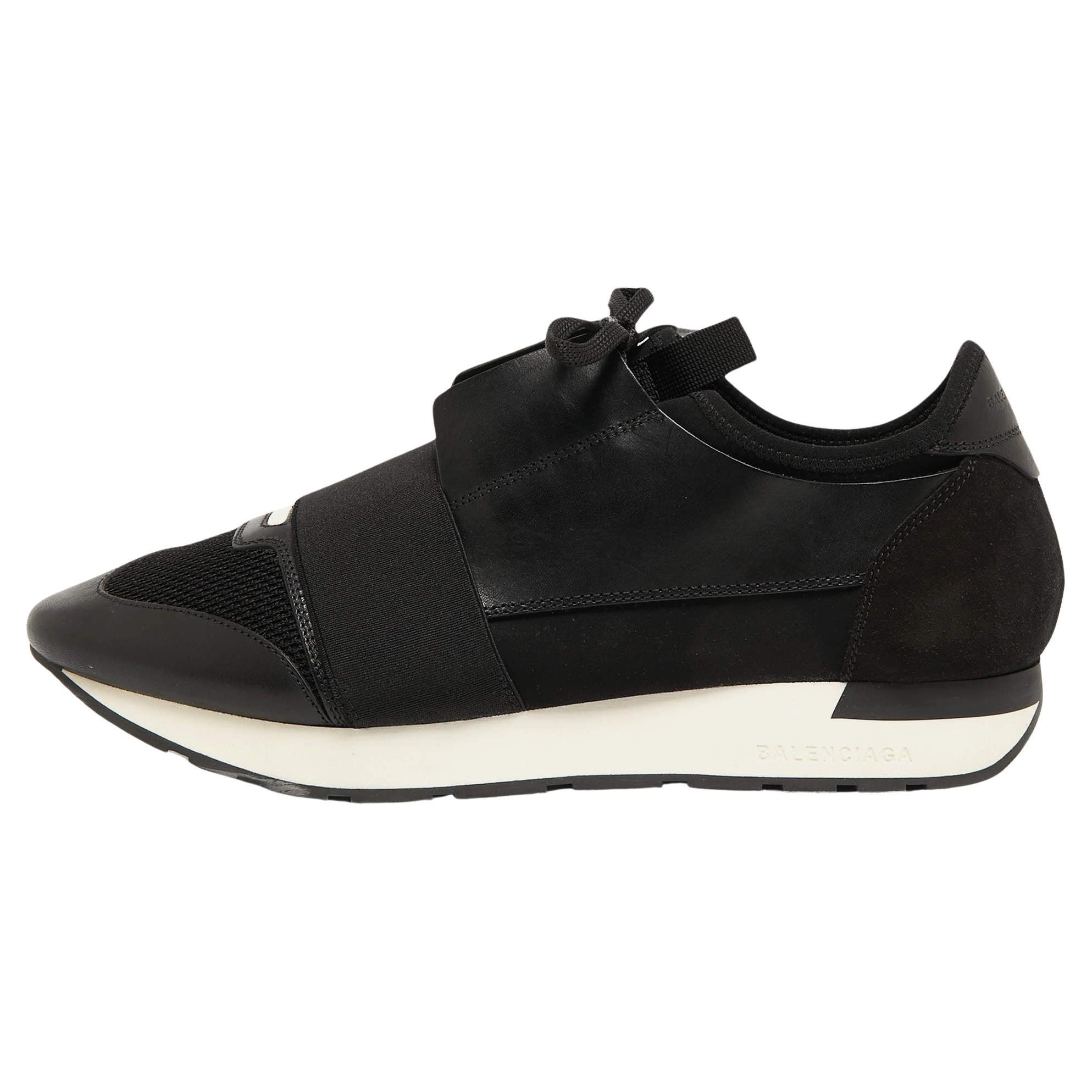 Balenciaga Black Leather and Fabric Race Runner Sneakers Size 42 For Sale