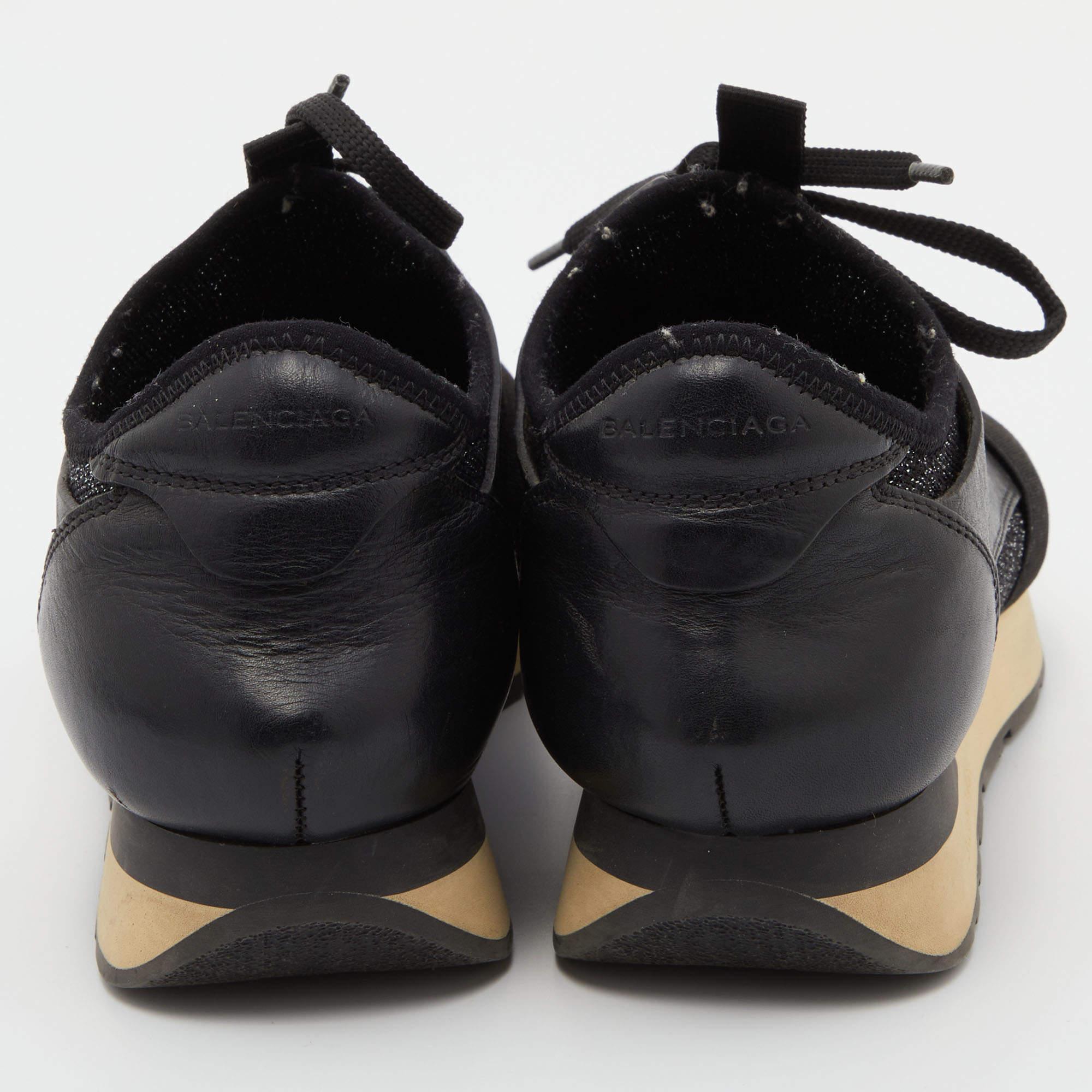 Balenciaga Black Leather and Glitter Fabric Race Runner Sneakers Size 38 In Good Condition For Sale In Dubai, Al Qouz 2