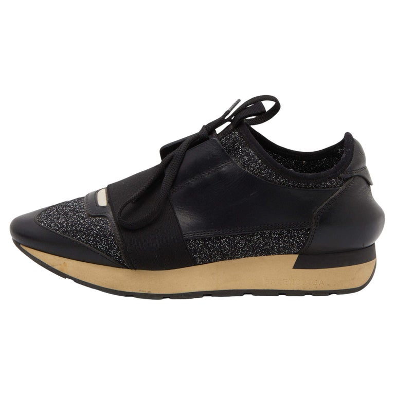 Balenciaga Black Leather and Glitter Fabric Race Runner Sneakers Size 38  For Sale at 1stDibs