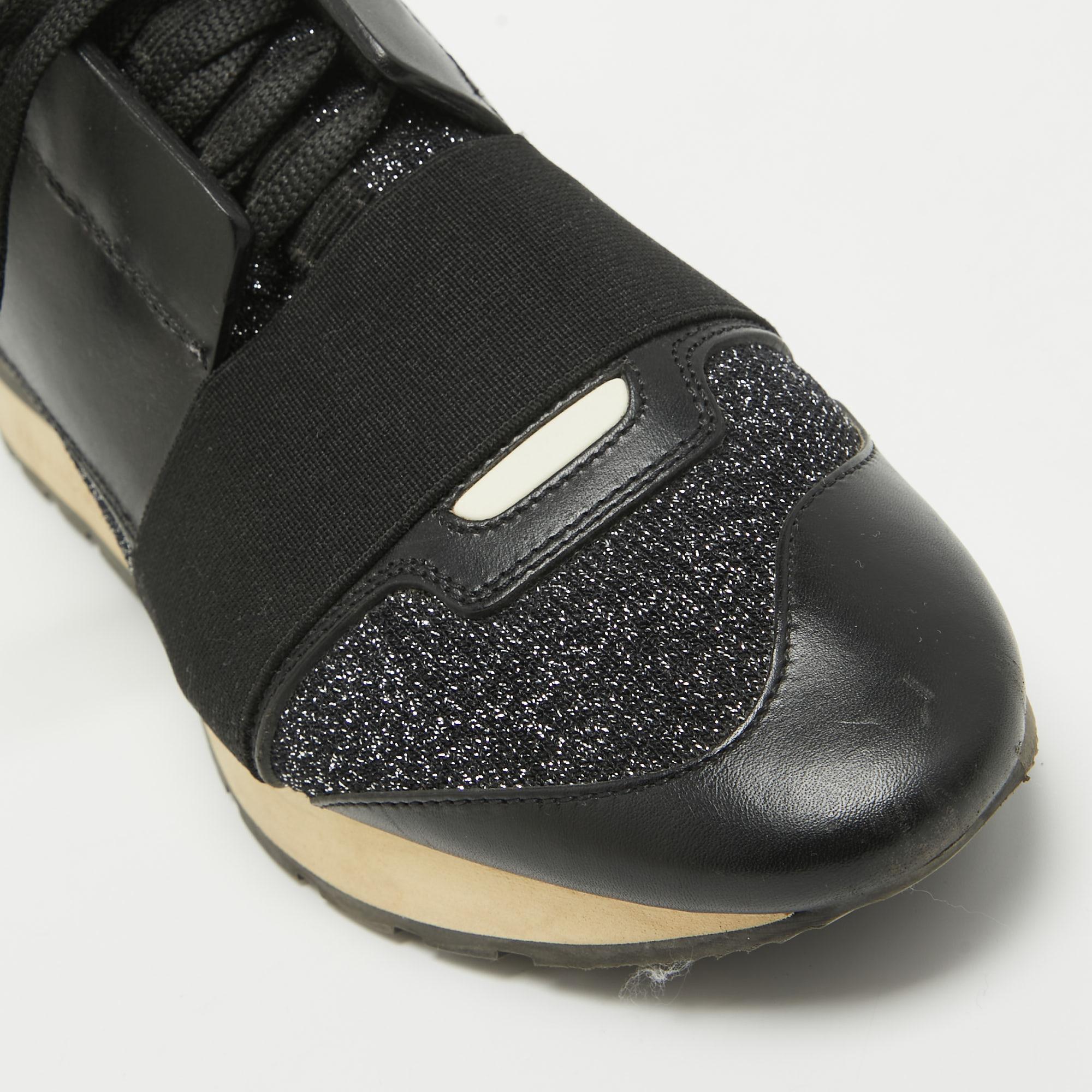 Balenciaga Black Leather and Glitter Knit Fabric Race Runner Sneakers Size 37 In Good Condition For Sale In Dubai, Al Qouz 2