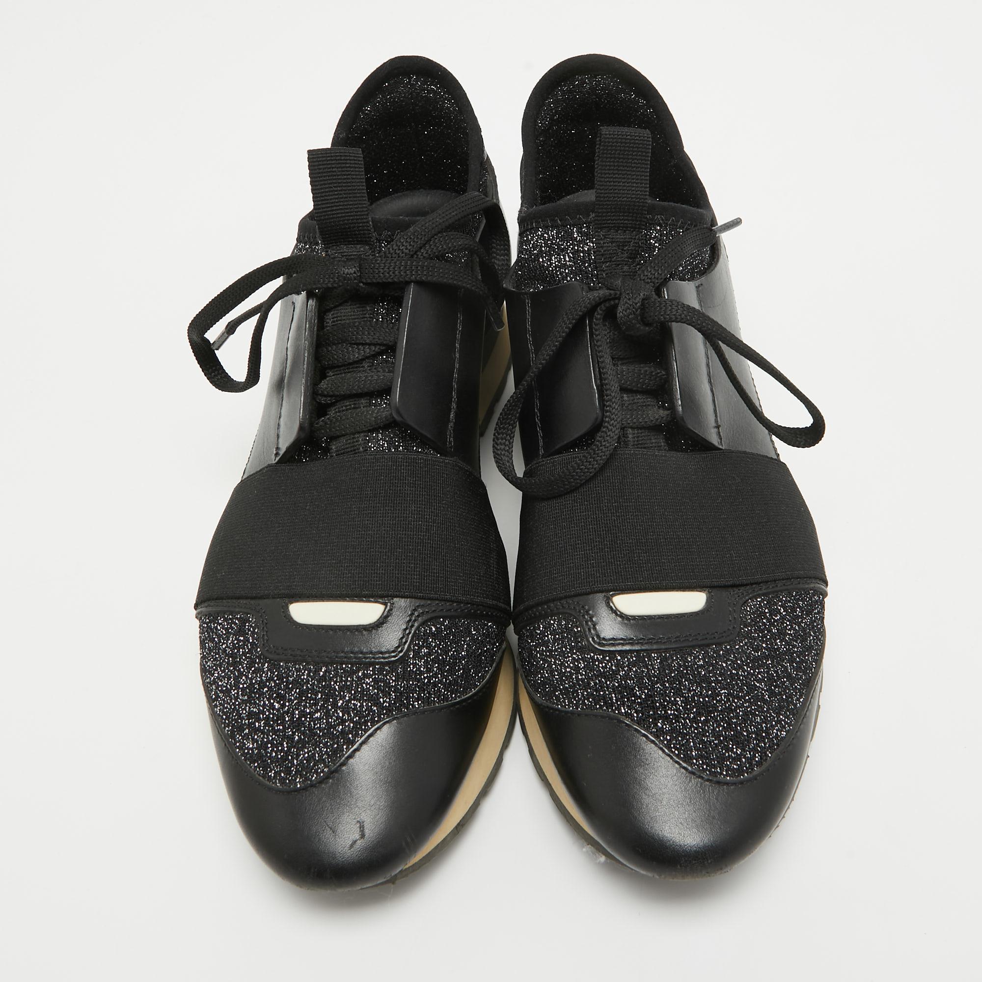 Balenciaga Black Leather and Glitter Knit Fabric Race Runner Sneakers Size 37 For Sale 1