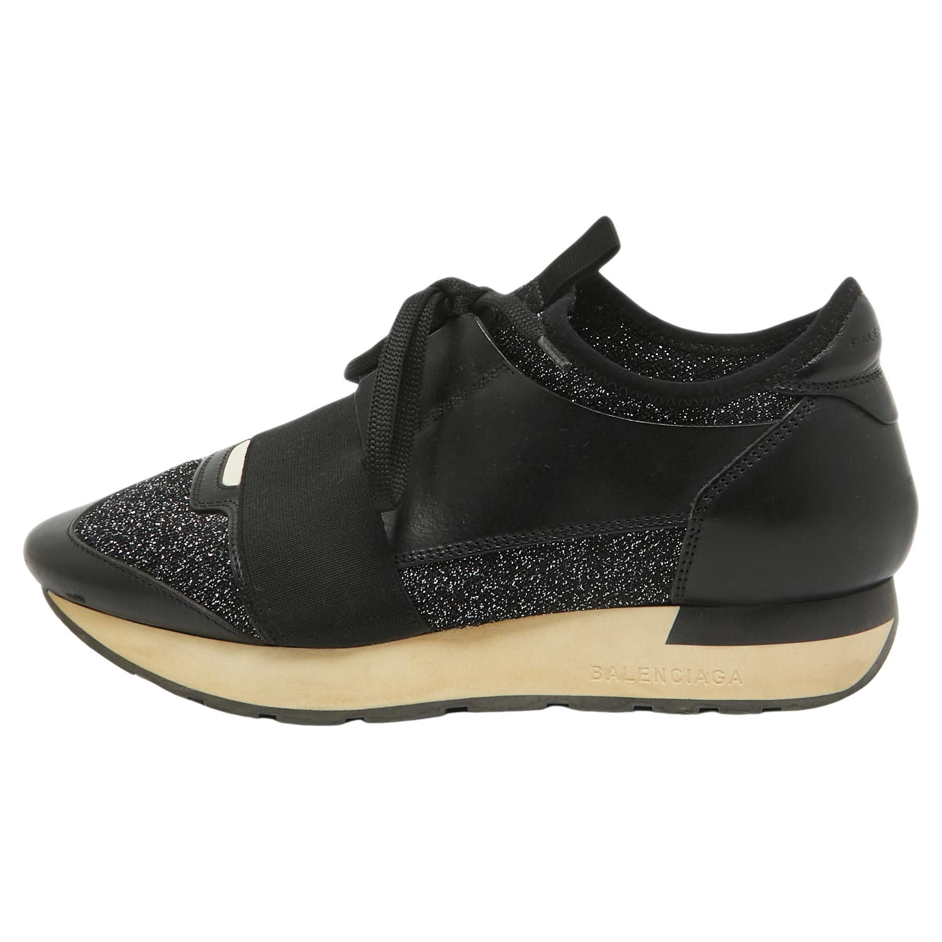 Balenciaga Black Leather and Glitter Knit Fabric Race Runner Sneakers Size 37 For Sale