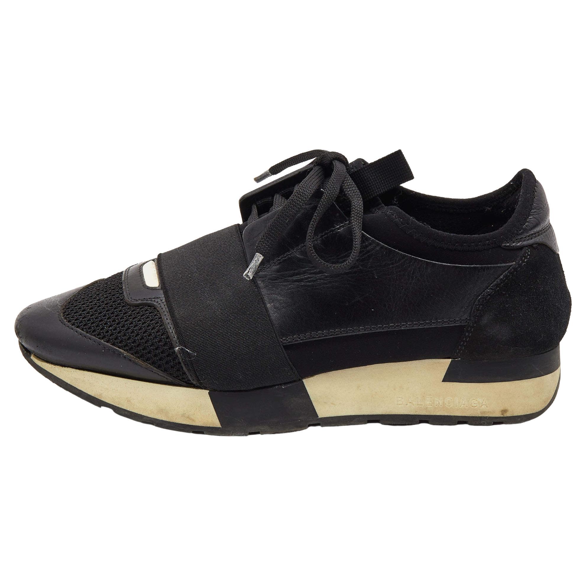 Balenciaga Black Leather and Mesh Race Runner Low Top Sneakers Size 37 For Sale