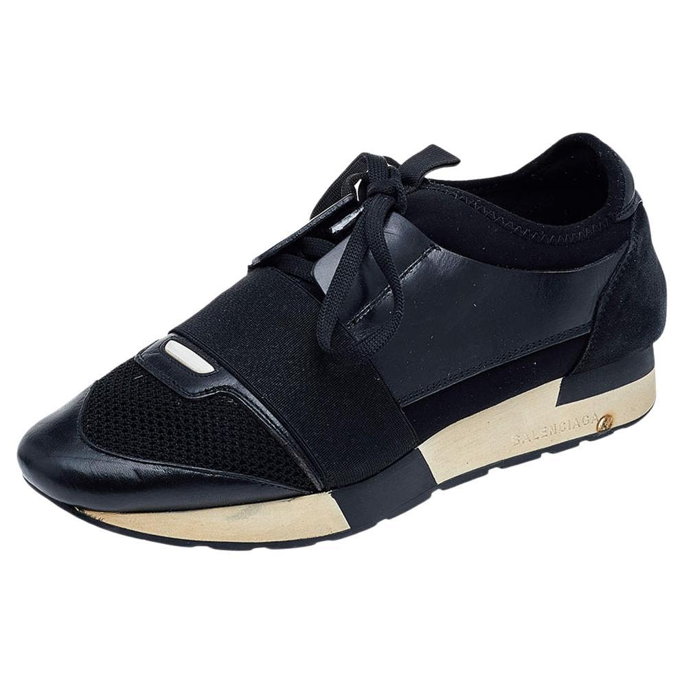 Balenciaga Black Leather And Mesh Race Runner Sneakers Size 39 For Sale