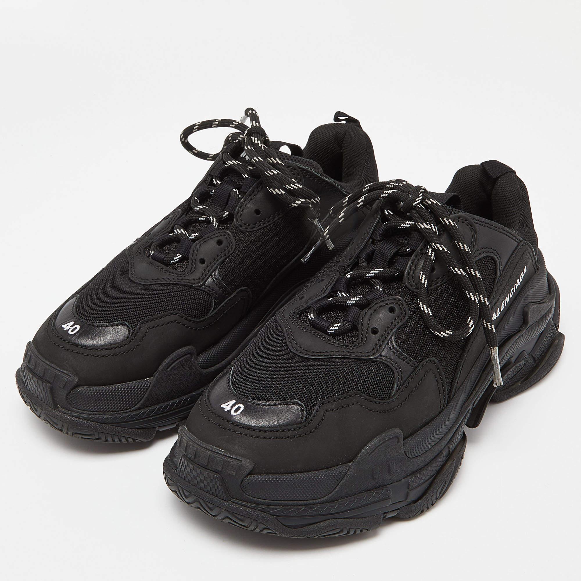 Balenciaga Black Leather and Mesh Triple S Sneakers  2