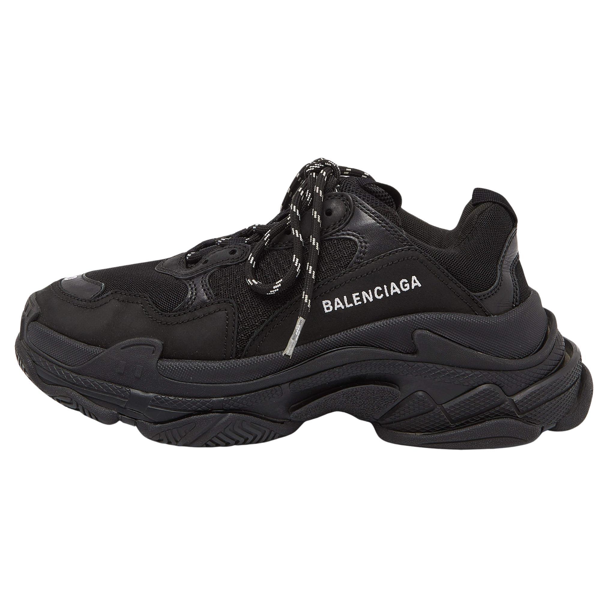 Balenciaga Black Leather and Mesh Triple S Sneakers 