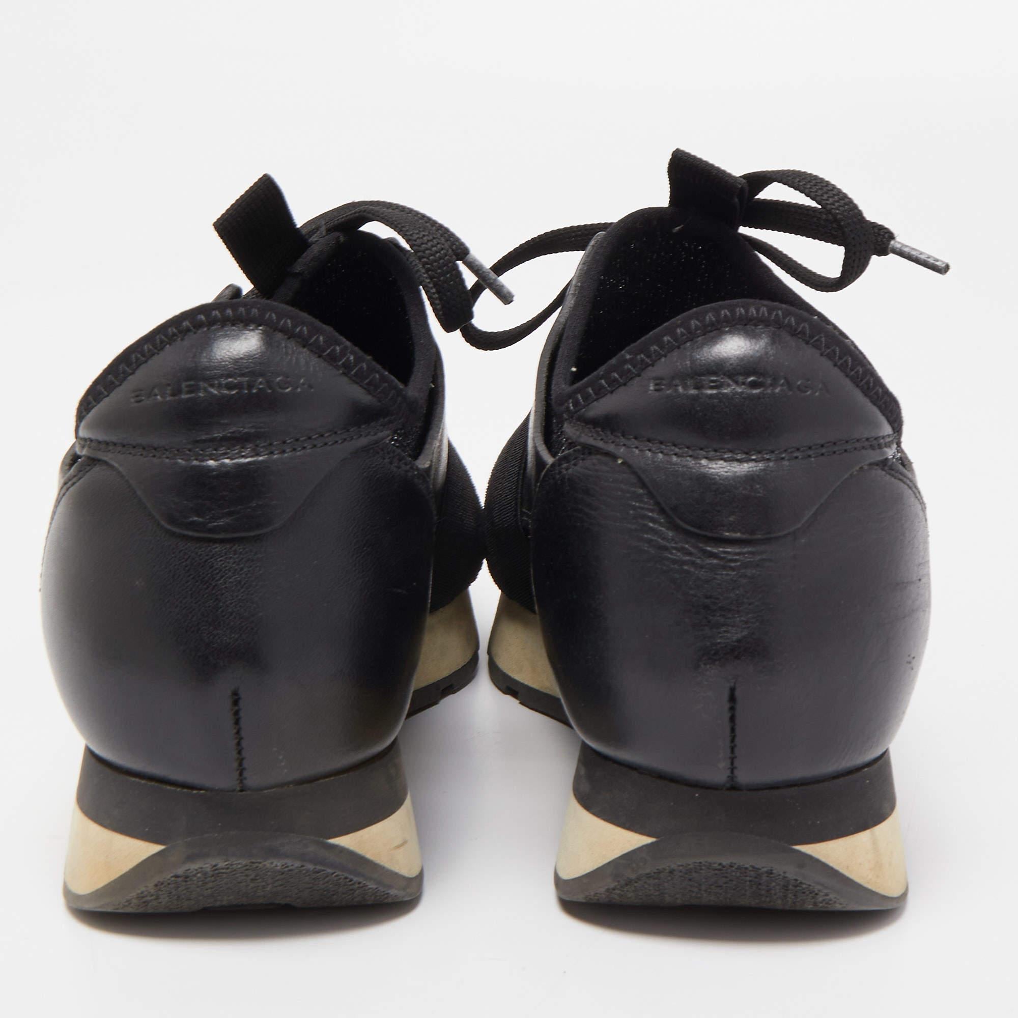 Balenciaga Black Leather and Metallic Fabric Race Runner Sneakers Size 37 In Good Condition For Sale In Dubai, Al Qouz 2