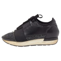 Balenciaga Black Leather and Metallic Fabric Race Runner Sneakers Size 37
