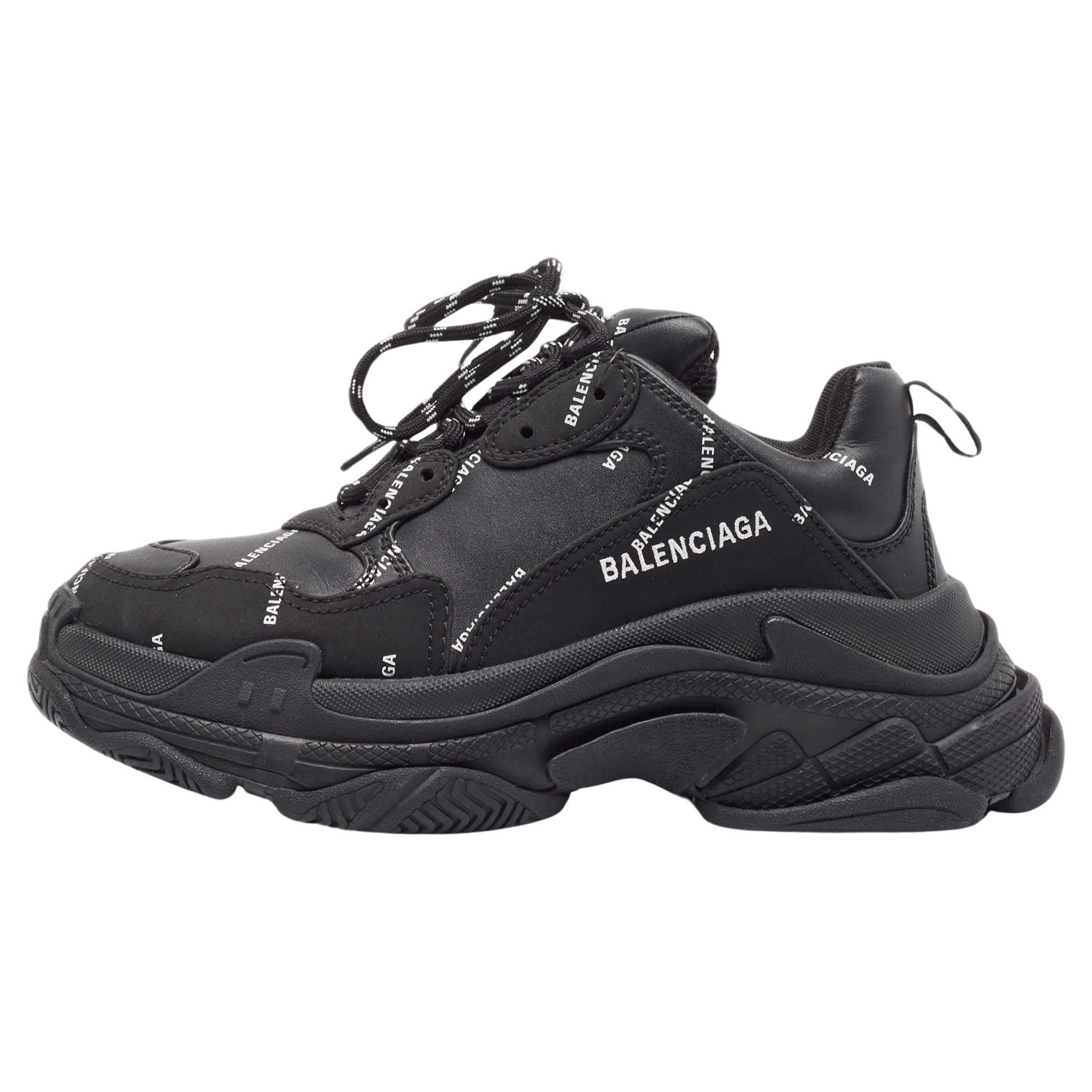 Balenciaga Black Leather and Nubuck Allover Logo Triple S Sneakers Size 40 For Sale