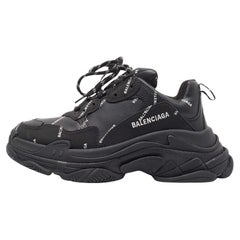 Used Balenciaga Black Leather and Nubuck Allover Logo Triple S Sneakers Size 40