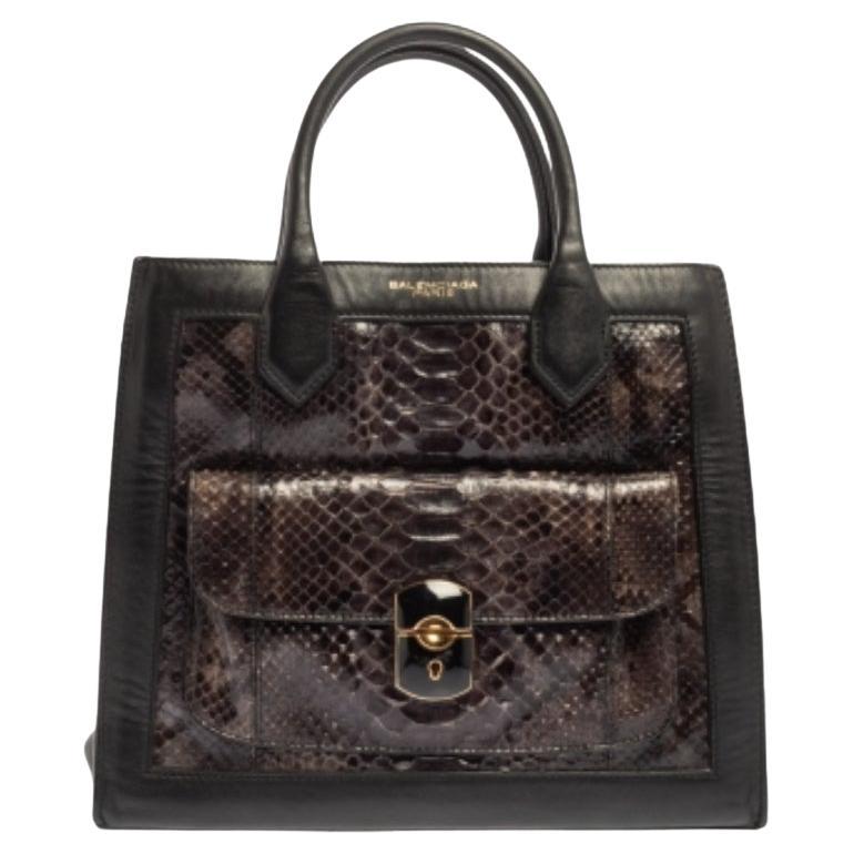 Balenciaga Black Leather and Python Padlock All Afternoon Tote For Sale
