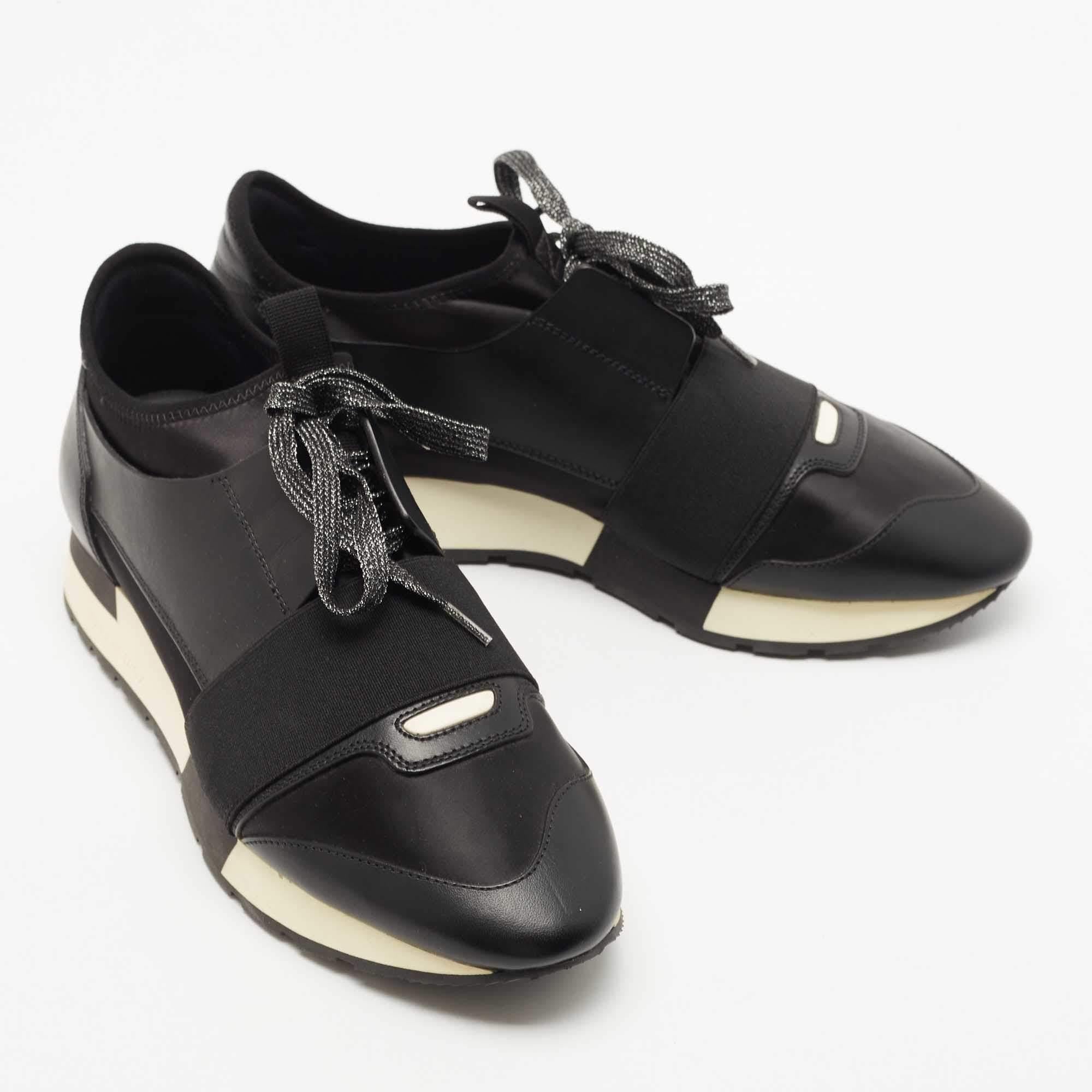 The Balenciaga Race Runners flaunt covered toes, strap detailing on the vamps, and tie-up fastenings. They are complete with a leather lined insole and a tough base to provide maximum comfort when walking. The sneakers are perfect for a fun day out
